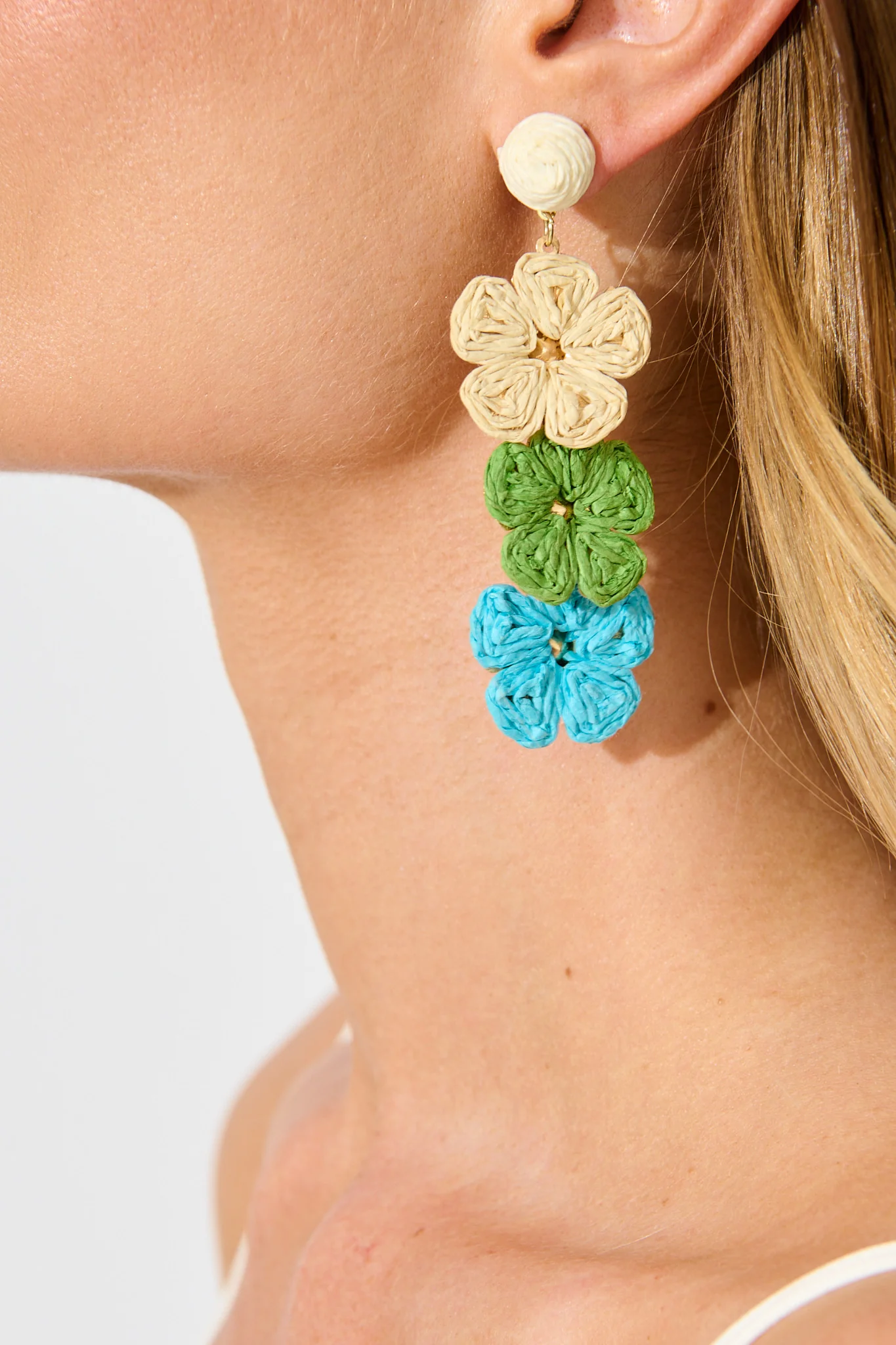 Patty Drop Earrings in Multi Cream and Aqua Raffia