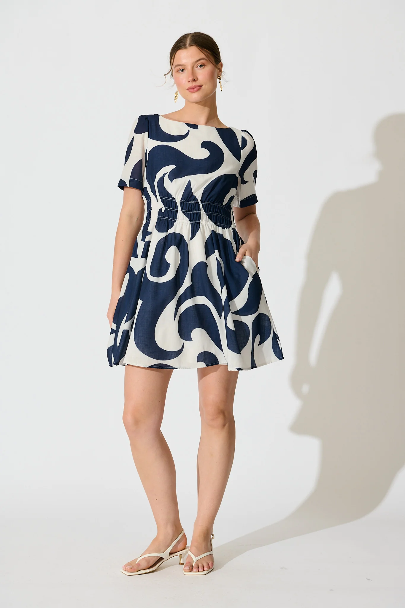 Pearl Dress in Navy Swirl Linen Blend