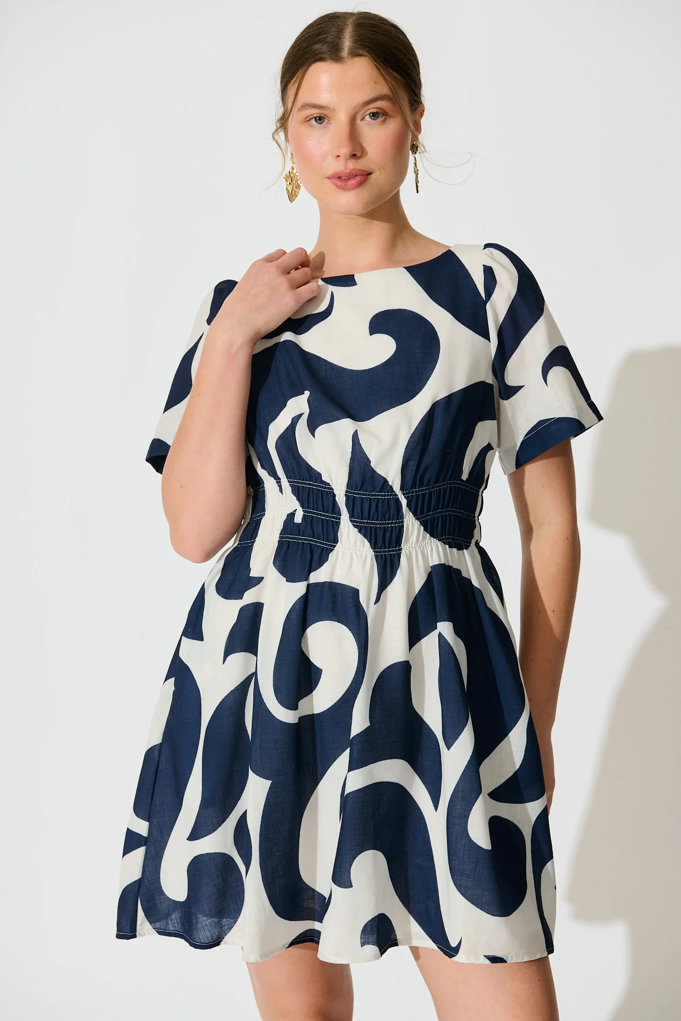 Pearl Dress in Navy Swirl Linen Blend - Image 2
