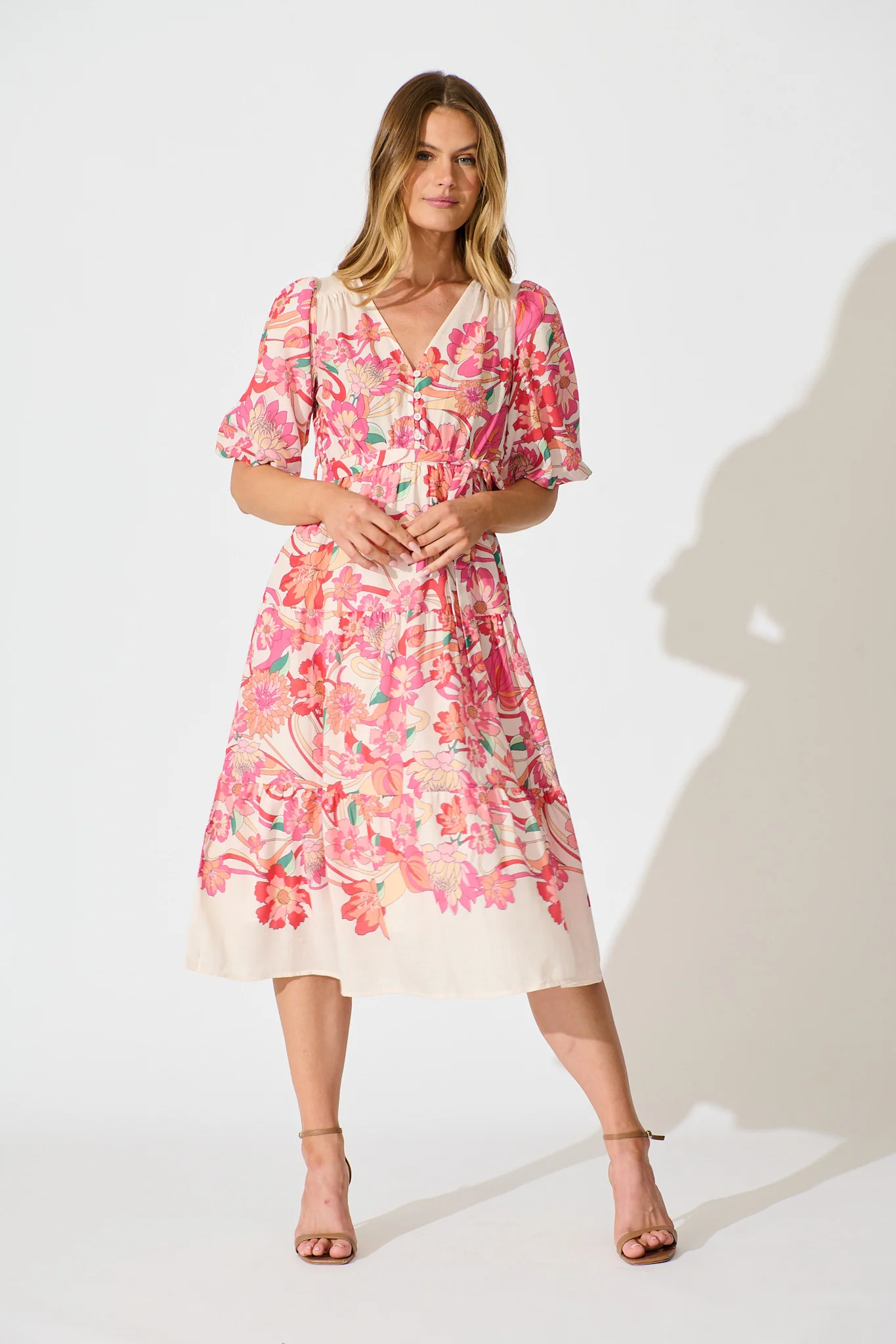 Peni Midi Dress in Cream with Pink Multi Floral Linen Blend