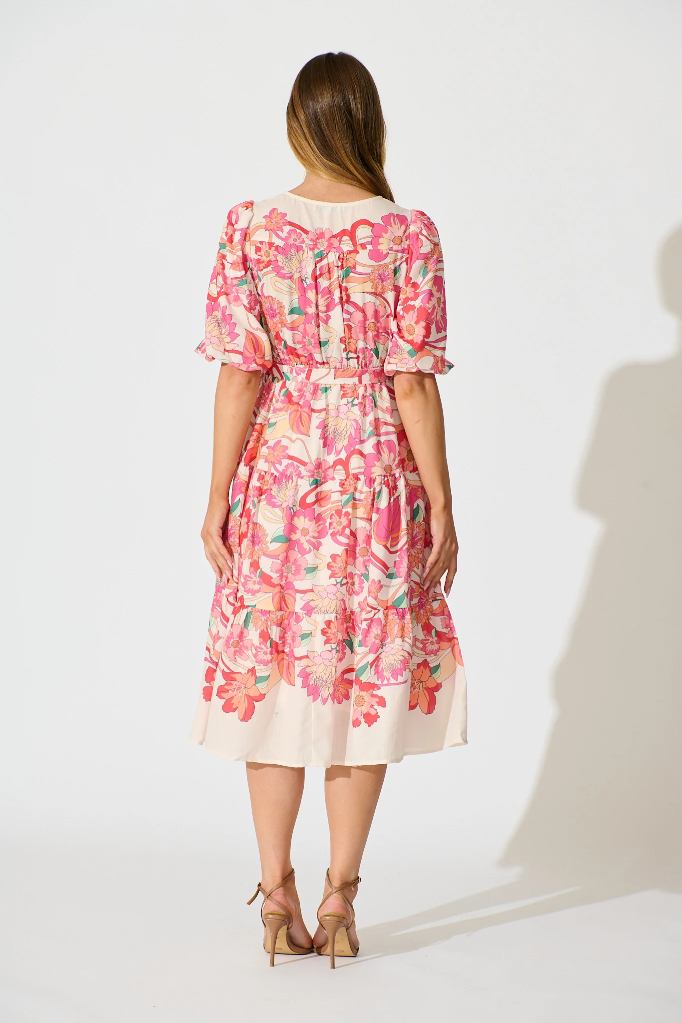 Peni Midi Dress in Cream with Pink Multi Floral Linen Blend - Image 4