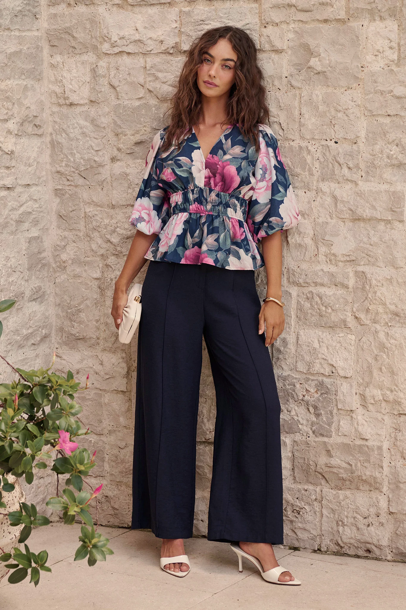 Perfection Top In Navy with Pink Floral Linen Blend - Image 5