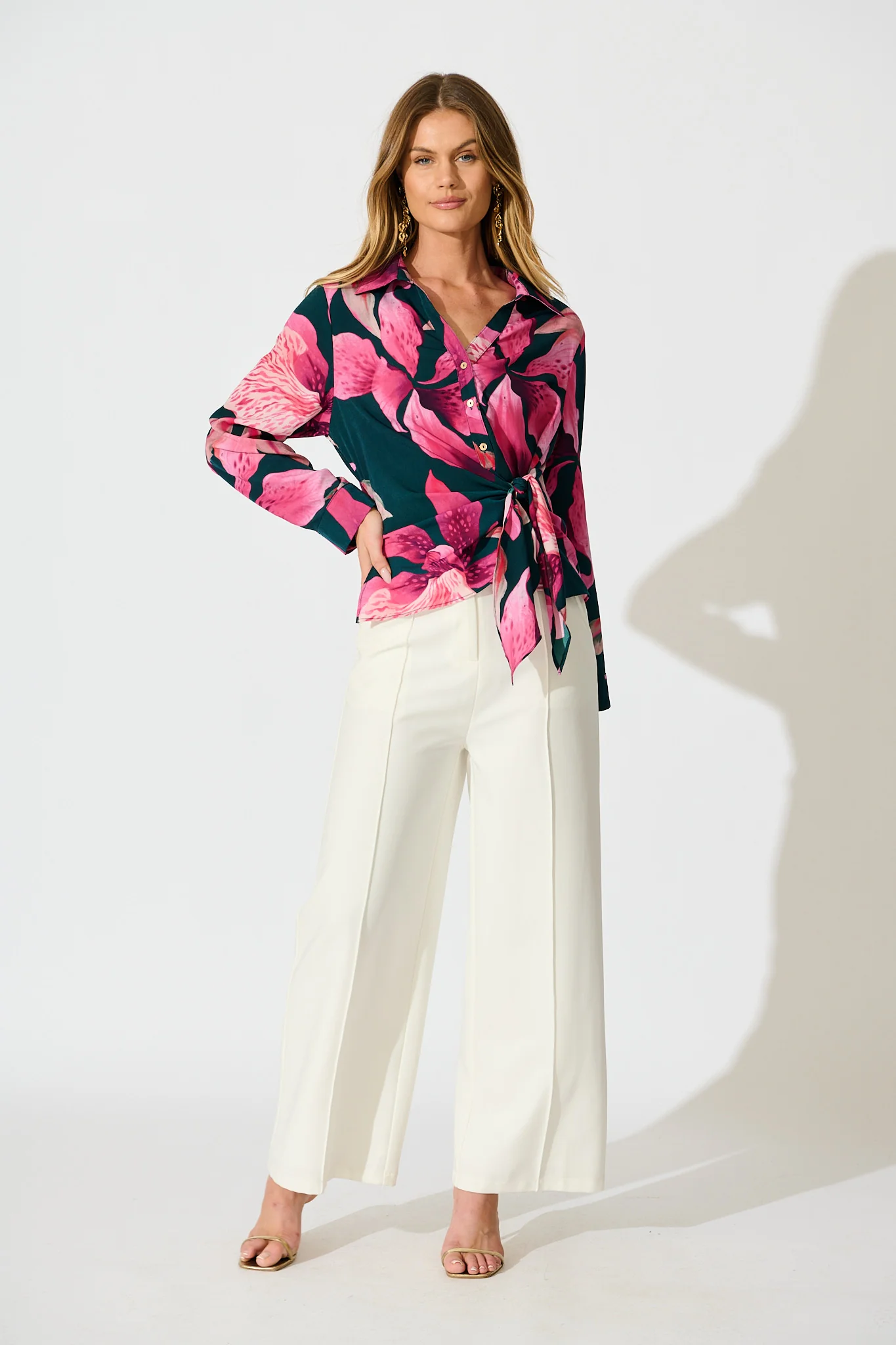 Petal Parade Wrap Shirt in Emerald with Pink Floral - Image 3