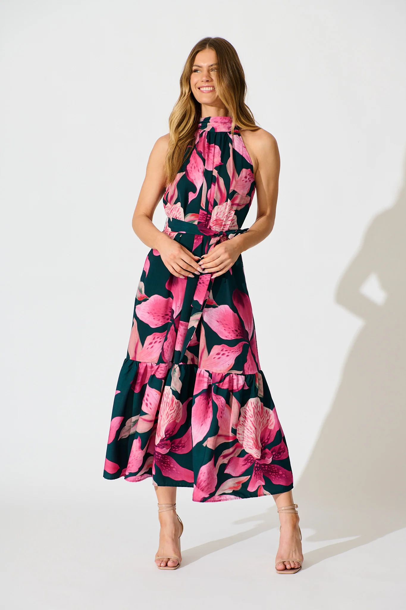 Petal Whisper Maxi Dress in Emerald with Pink Floral