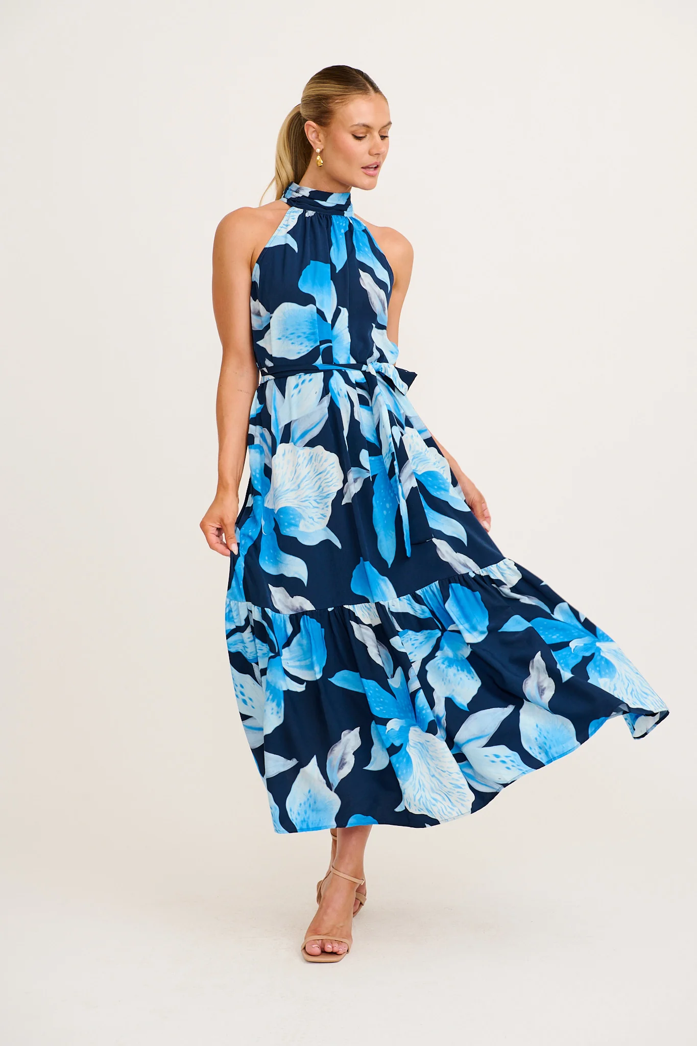 Petal Whisper Maxi Dress in Navy with Blue Floral