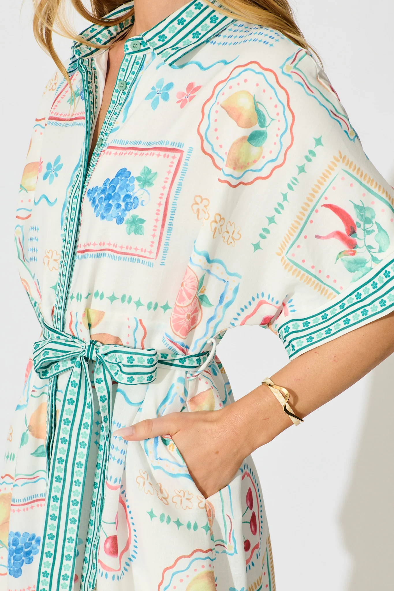 Petra Shirt Dress in in White with Green Multi Print Linen Blend - Image 5