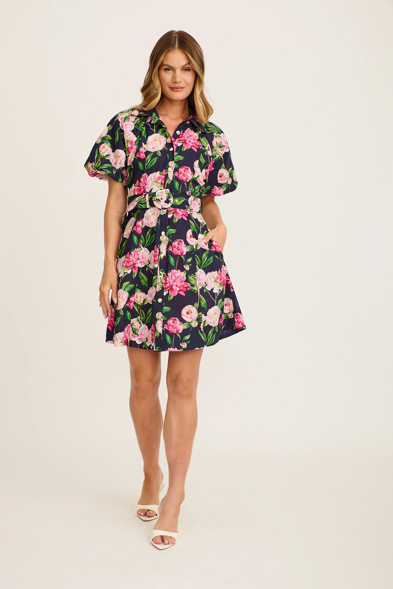 Poetic Glow Shirt Dress in Navy with Blush Floral Cotton