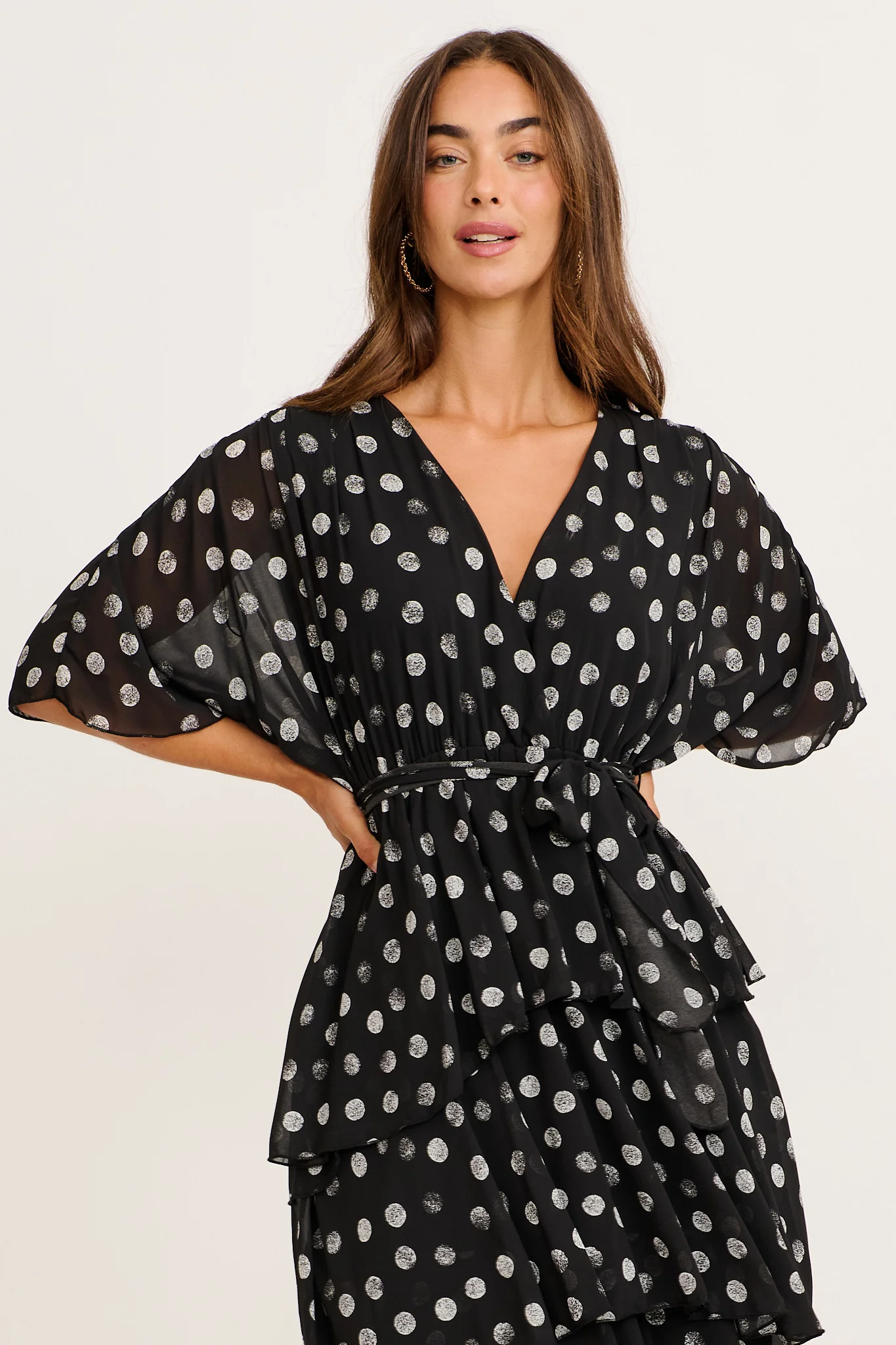 Polished Piece Midi Dress in Black with Cream Polka Dot Chiffon - Image 2