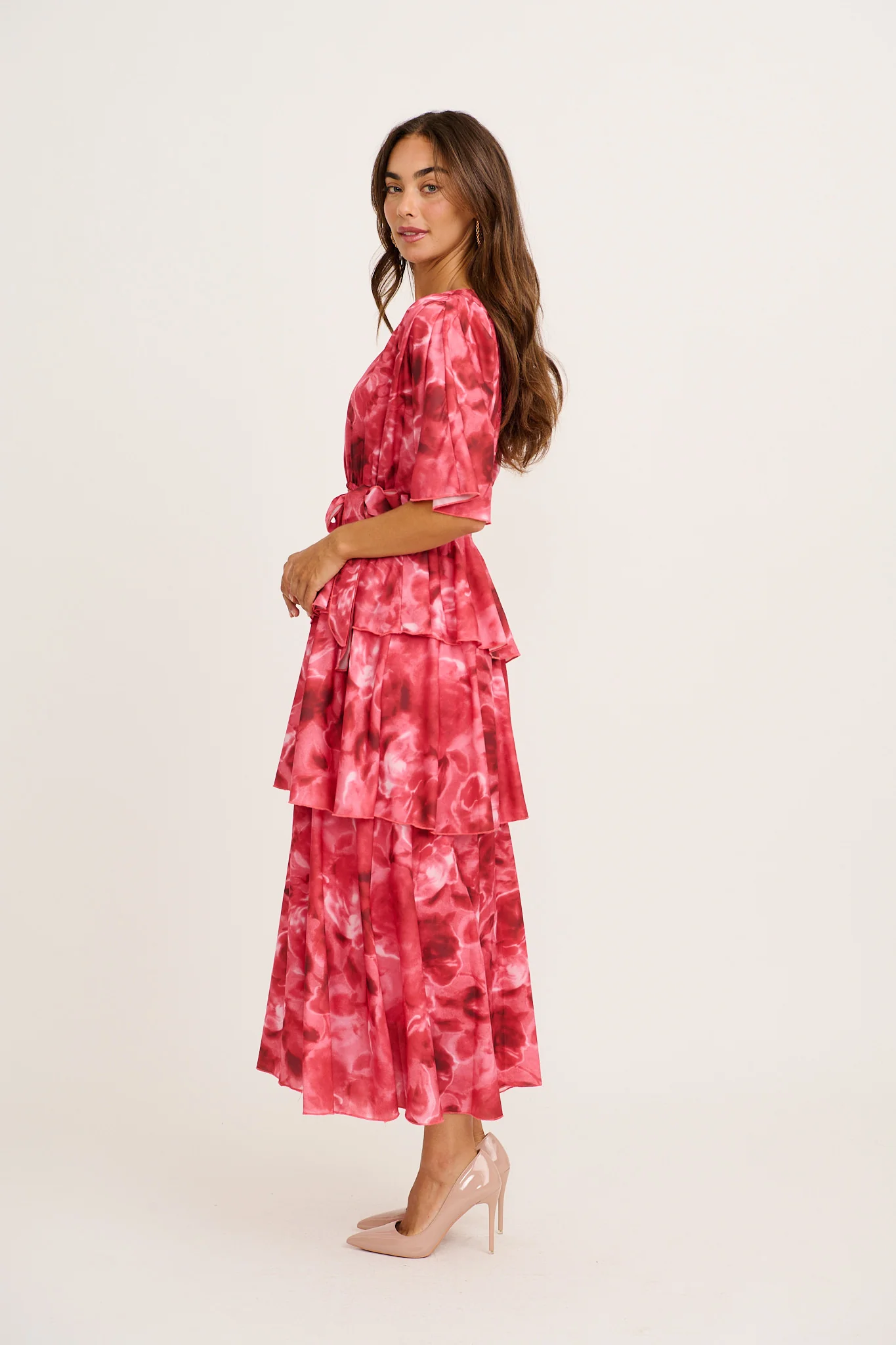 Polished Piece Midi Dress in Pink Watercolour Chiffon - Image 3