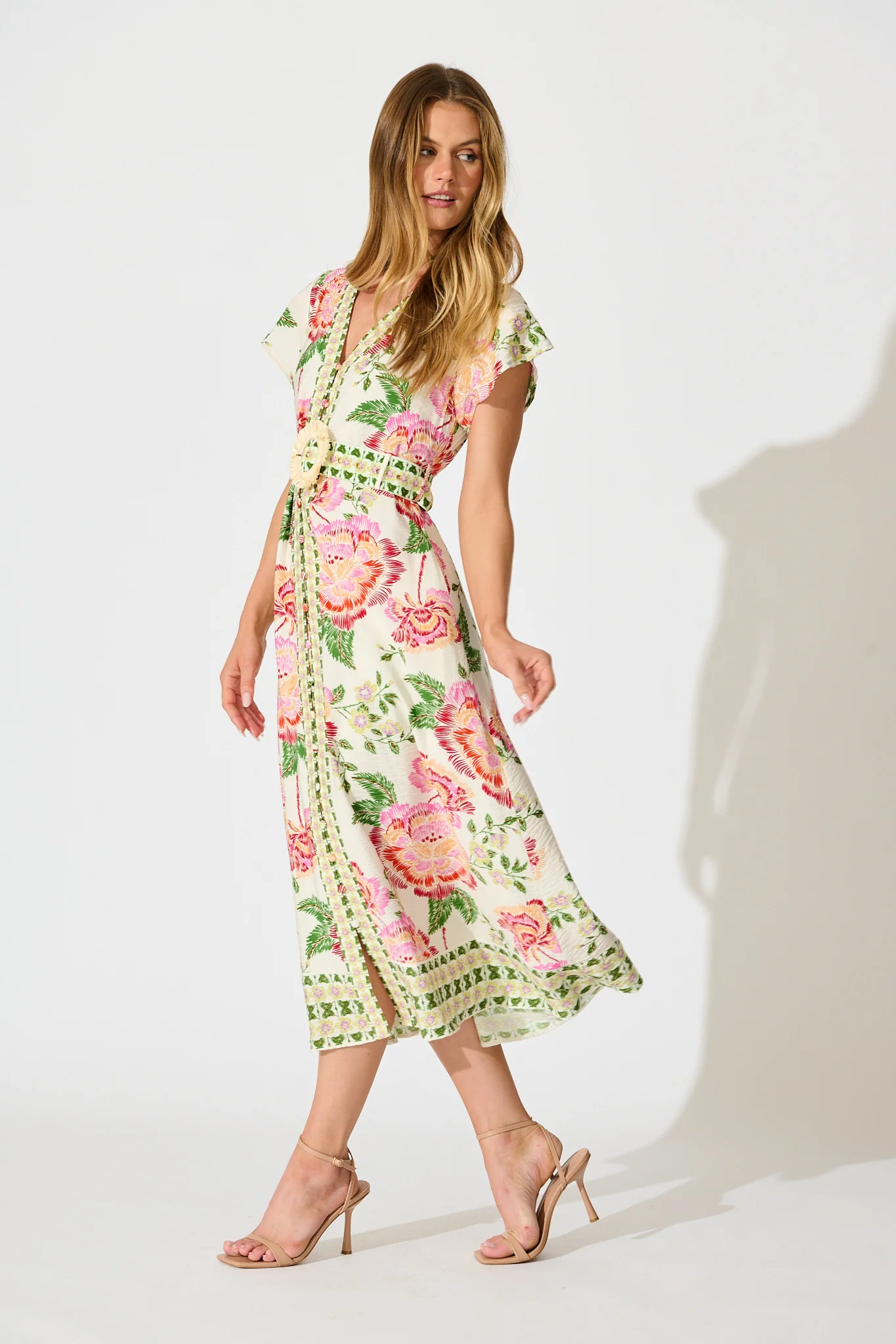 Portofino Bloom Midi dress in Cream with Pink Floral - Image 3