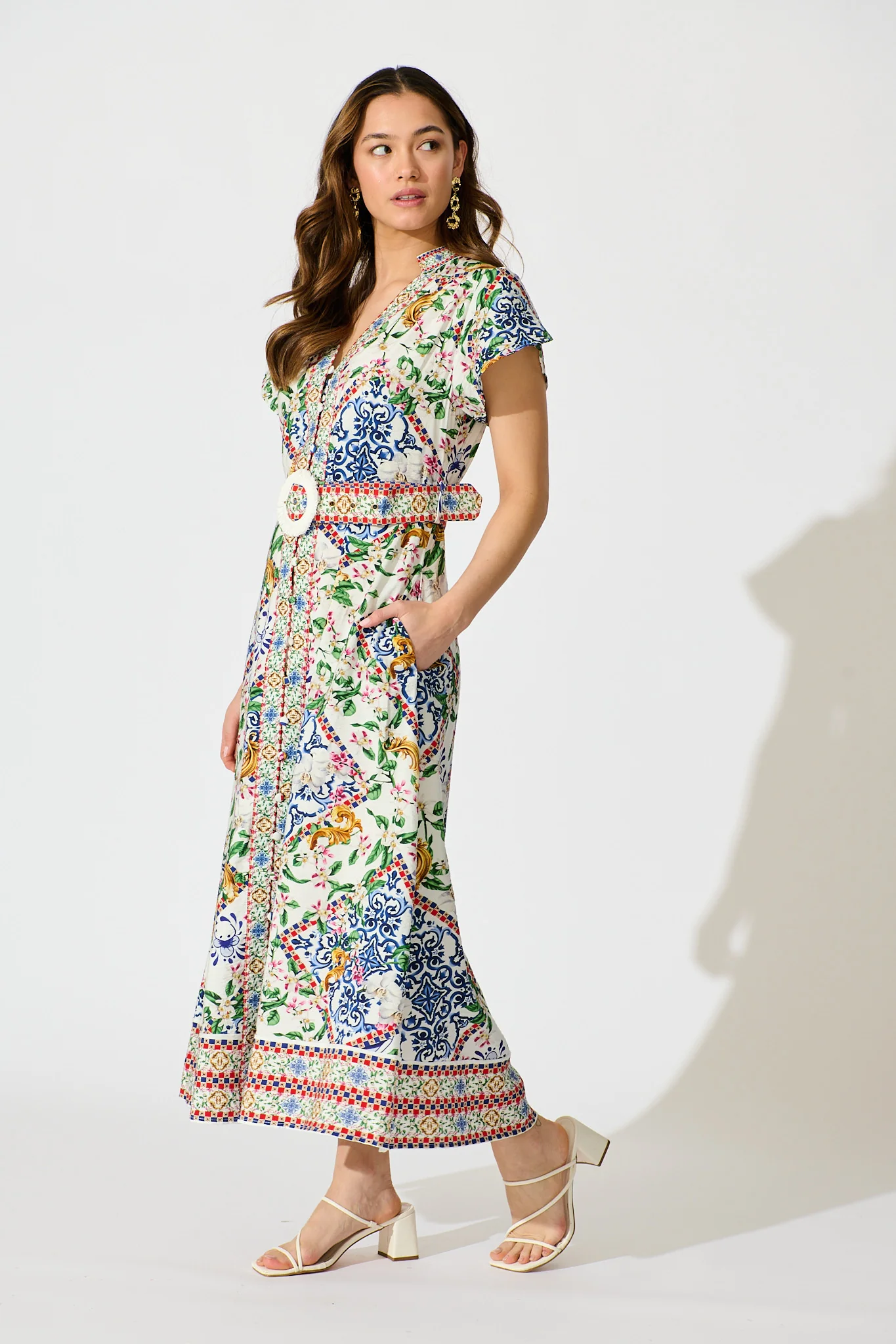 Portofino Bloom Midi Dress in White with Multi Print - Image 3