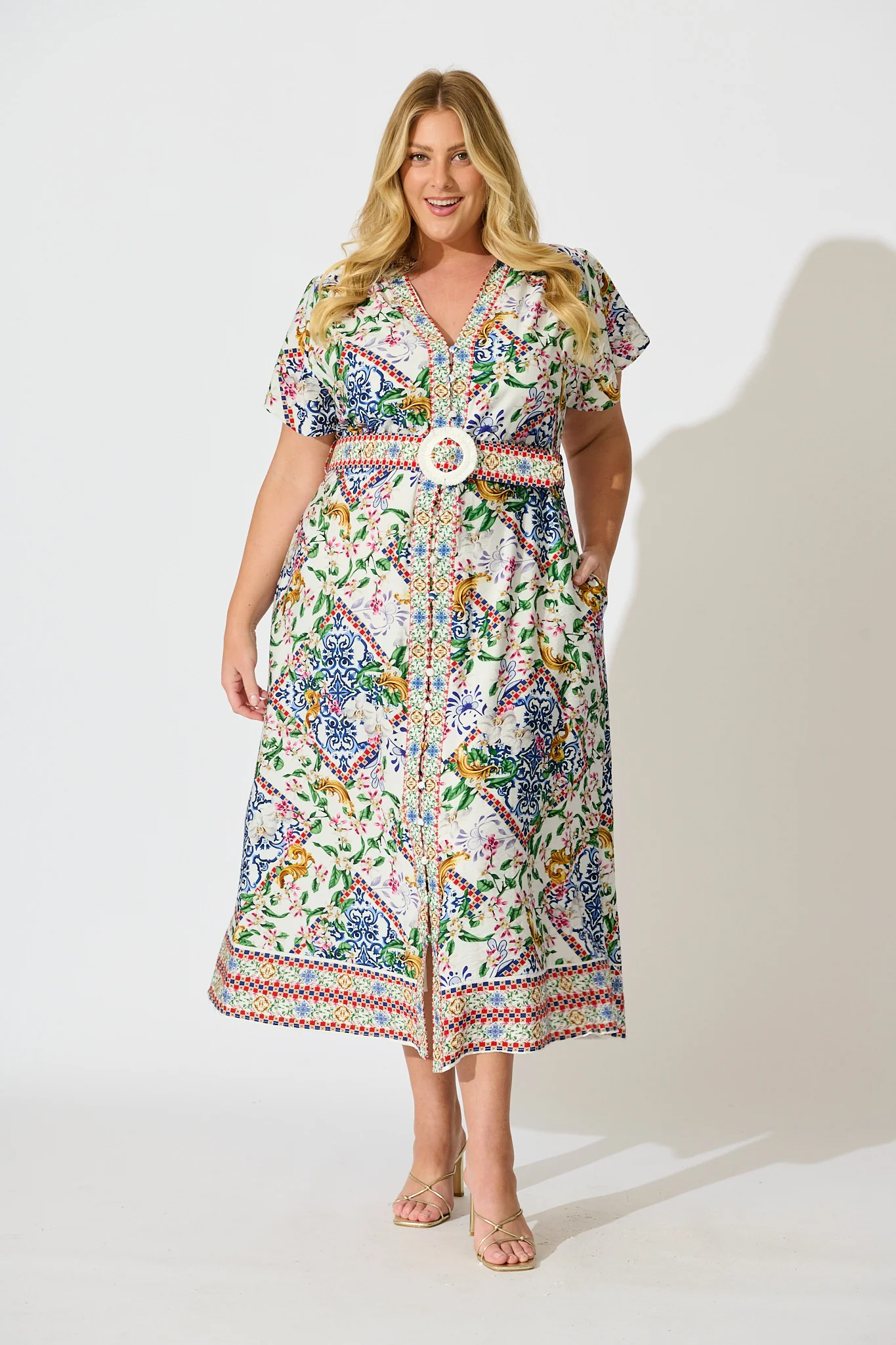 Portofino Bloom Midi Dress in White with Multi Print - Image 7
