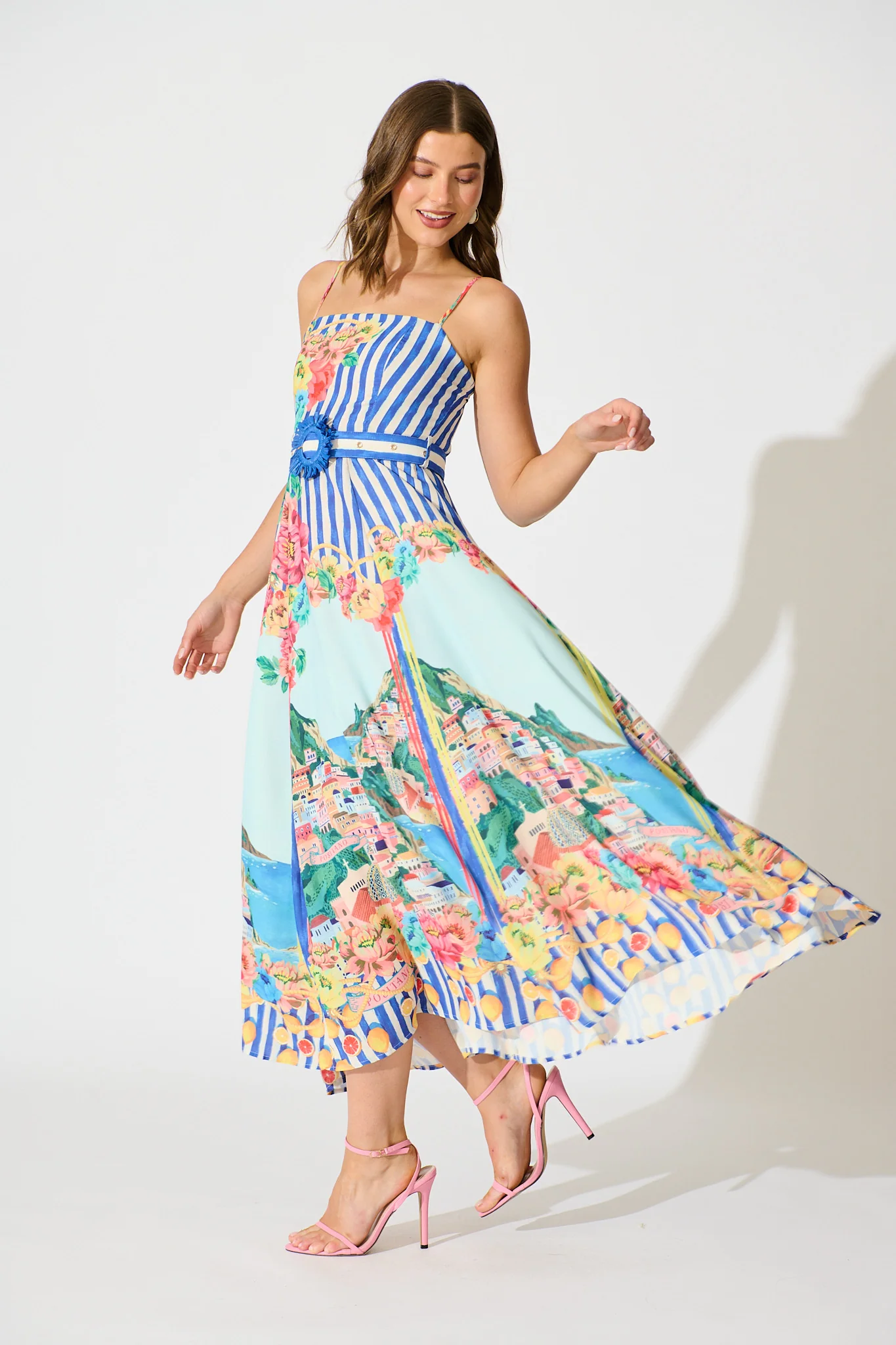 Positano Whisper Maxi Sundress in Blue Multi Cotton Linen Blend - Image 7