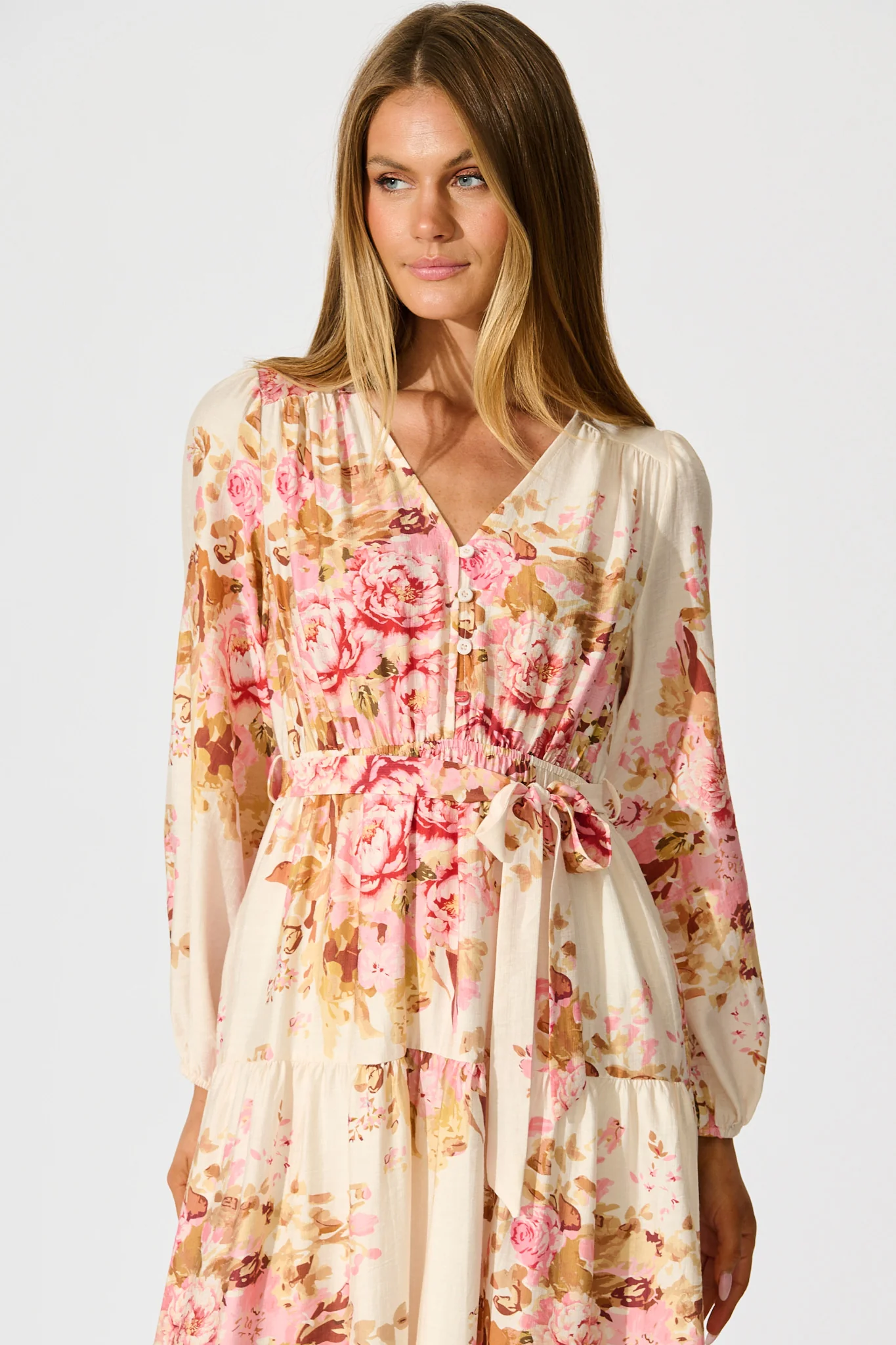 Primavera Midi Dress in Cream with Pink Floral - Image 2