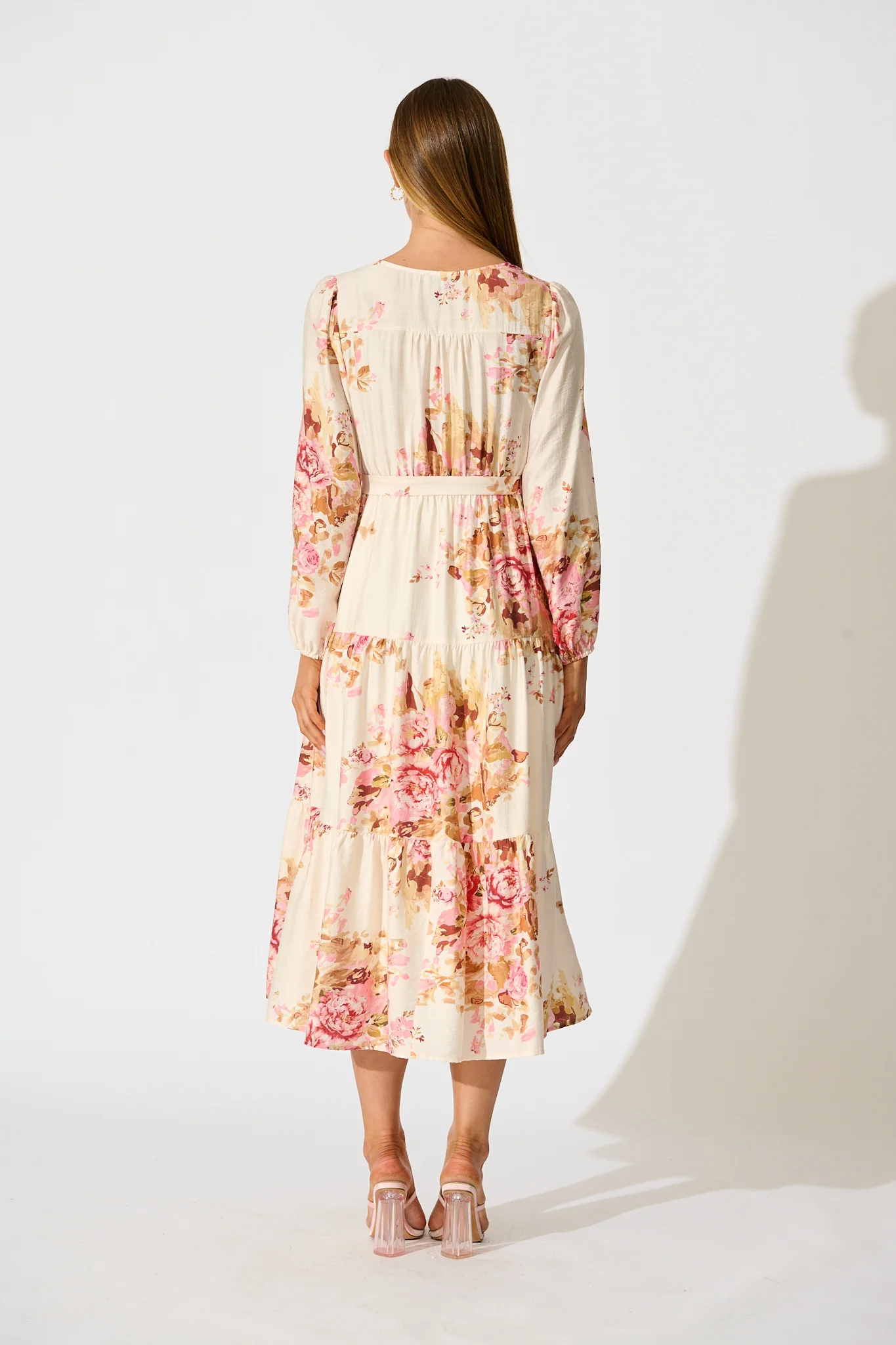 Primavera Midi Dress in Cream with Pink Floral - Image 4