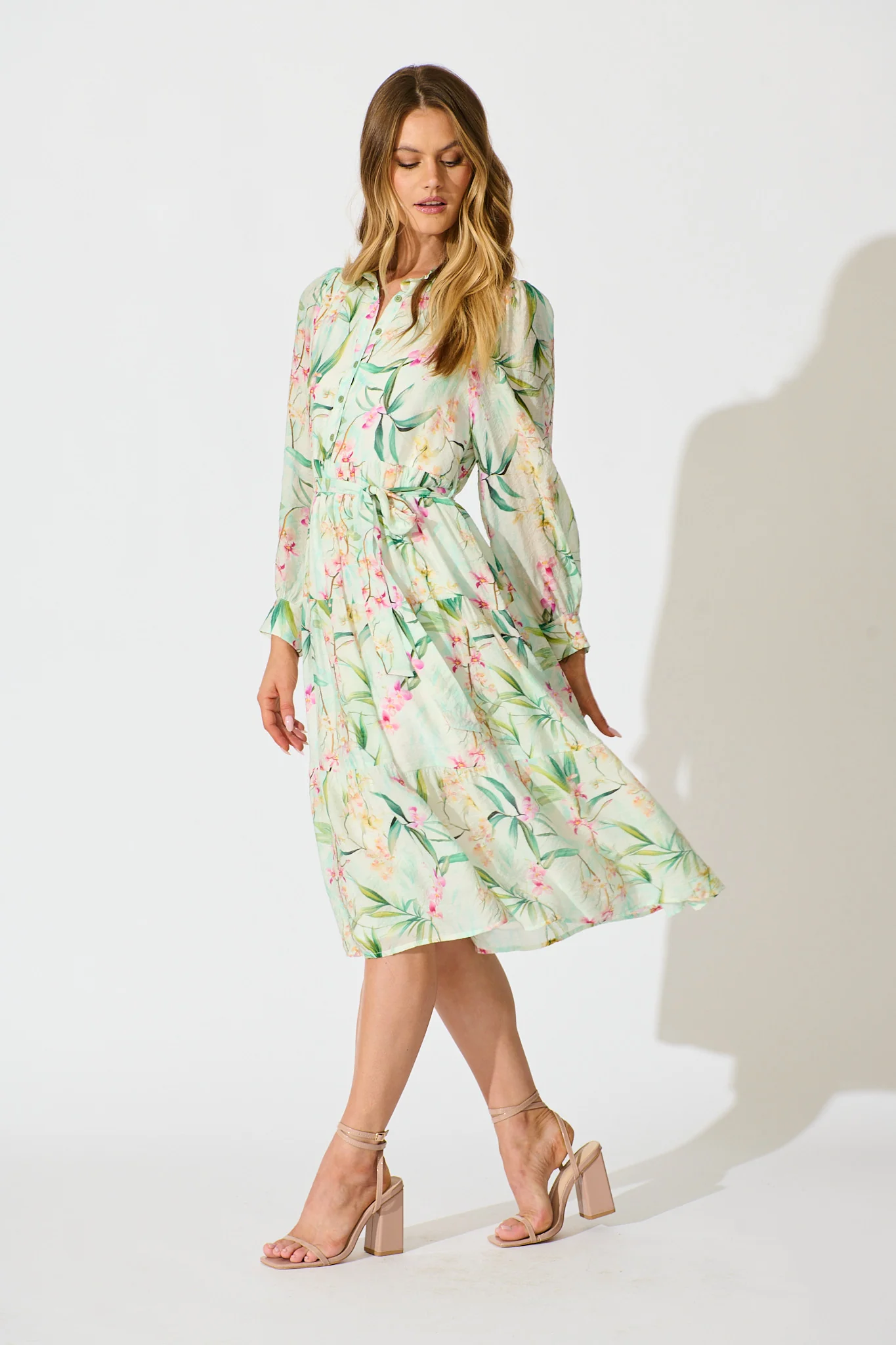 Quincy Midi Dress in Cream With Green Floral Print - Image 3