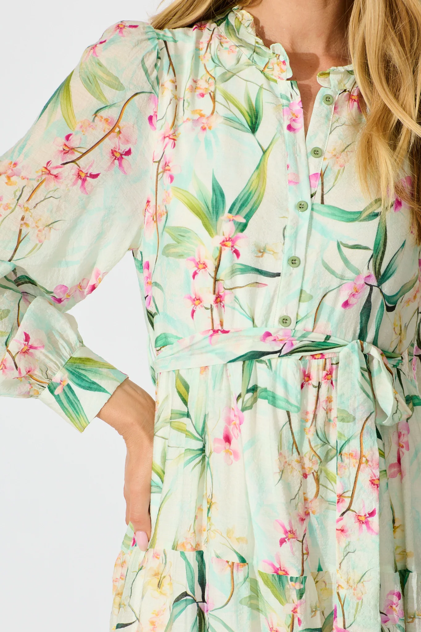 Quincy Midi Dress in Cream With Green Floral Print - Image 5