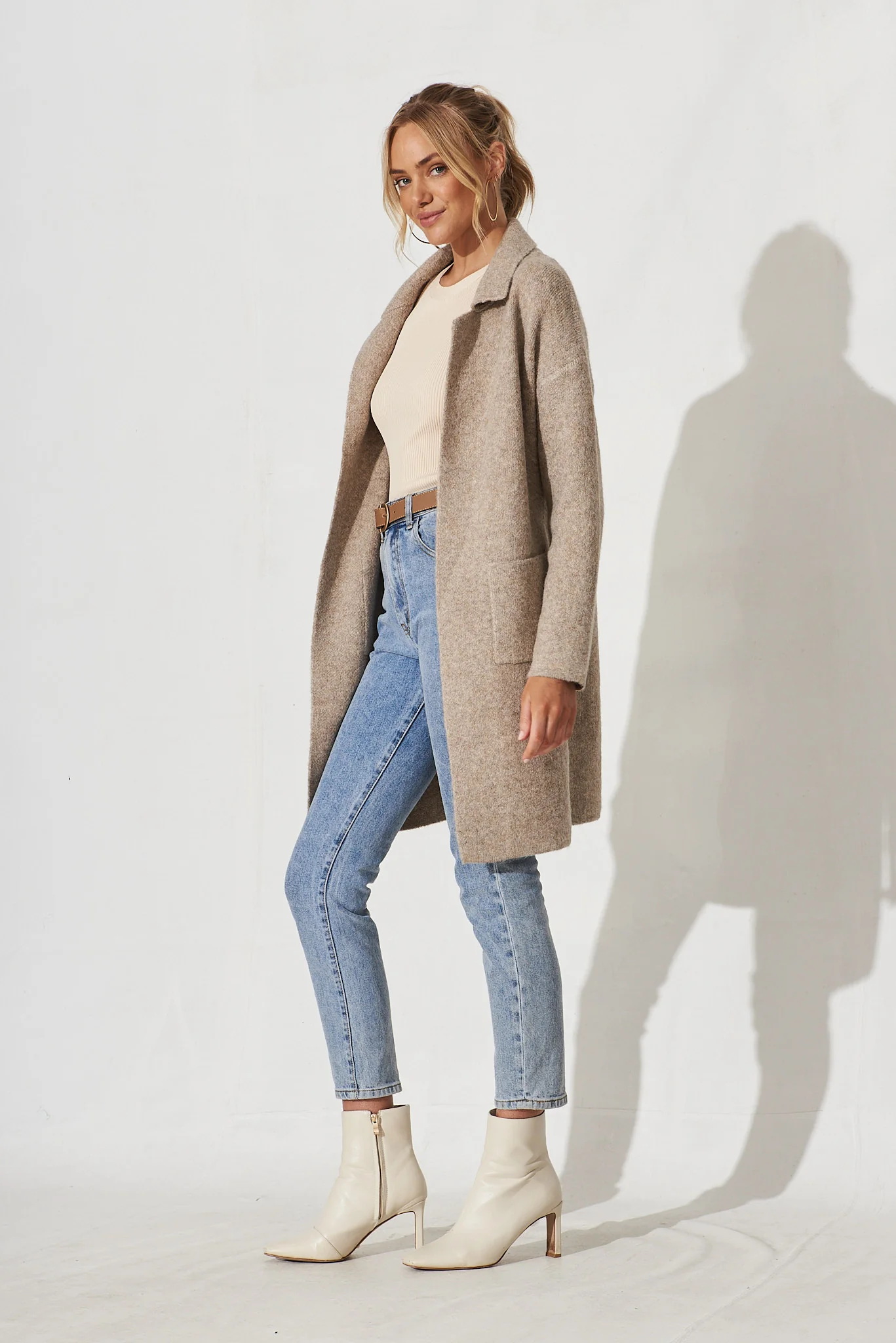 Quinzy Knit Coat In Taupe Marle Wool Blend - Image 3