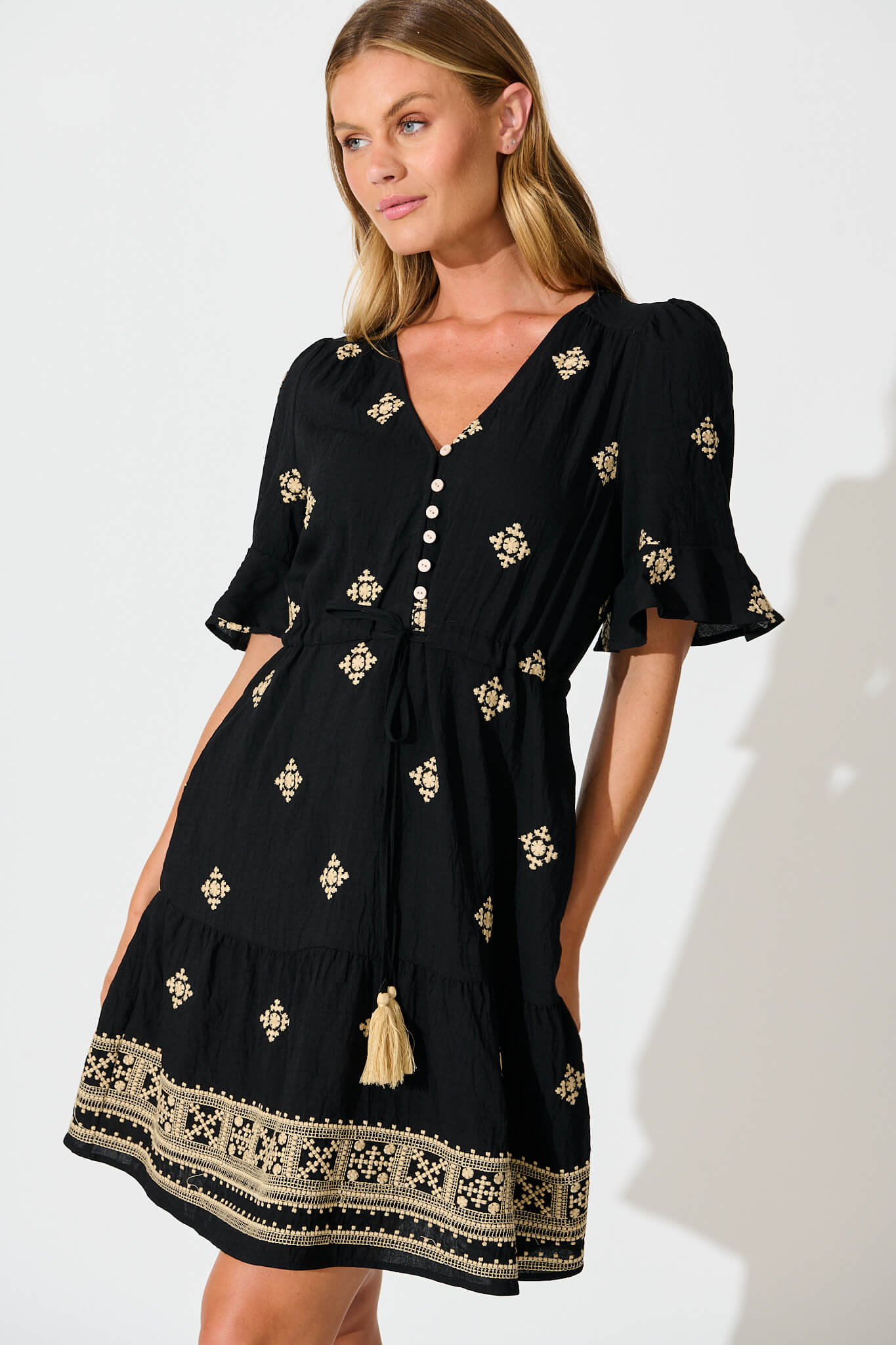 Reagan Dress in Black with Cream Embroidery - Image 2