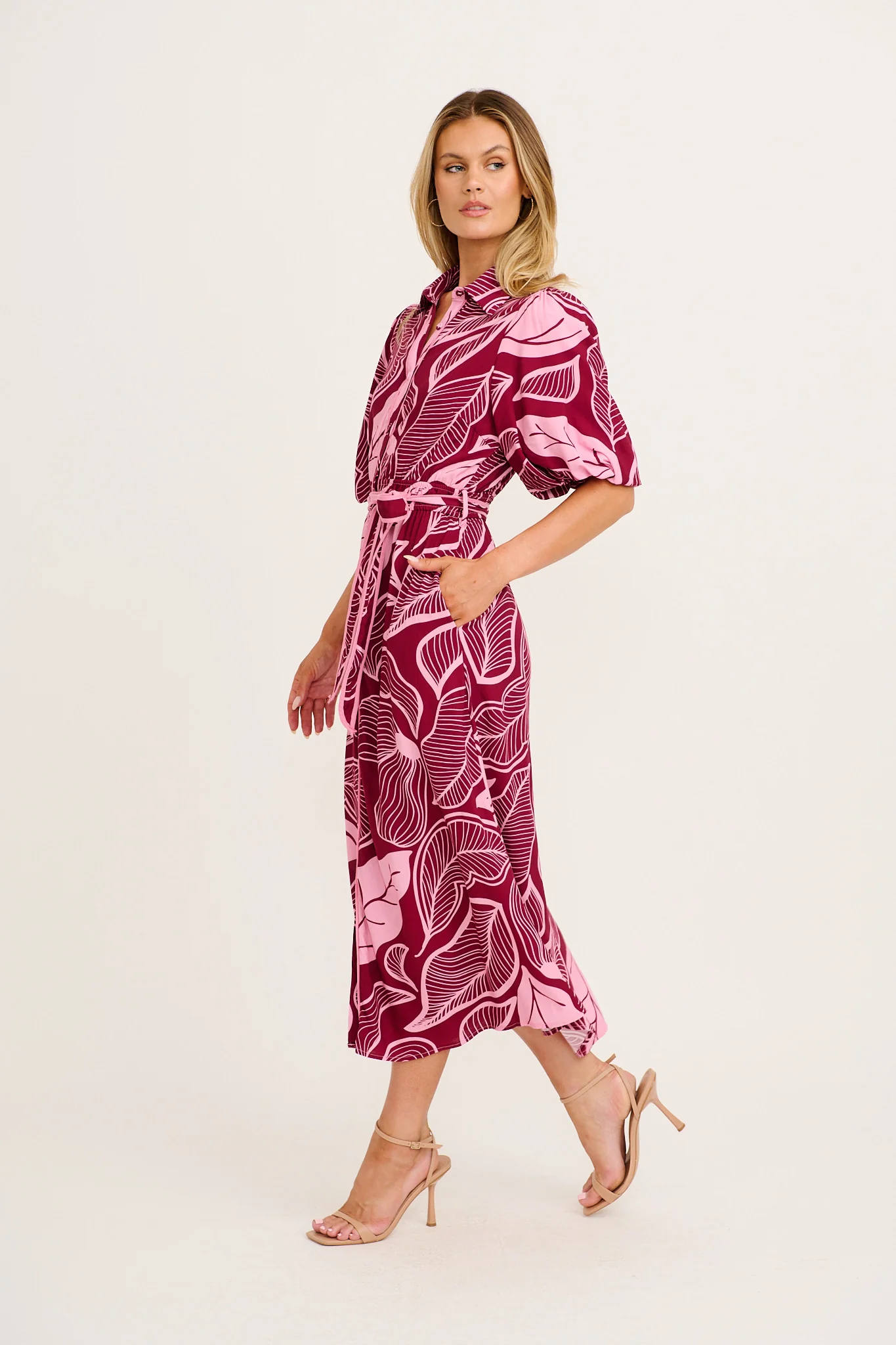 Reanna Midi Shirt Dress in Plum with Pink Leaf Print - Image 3