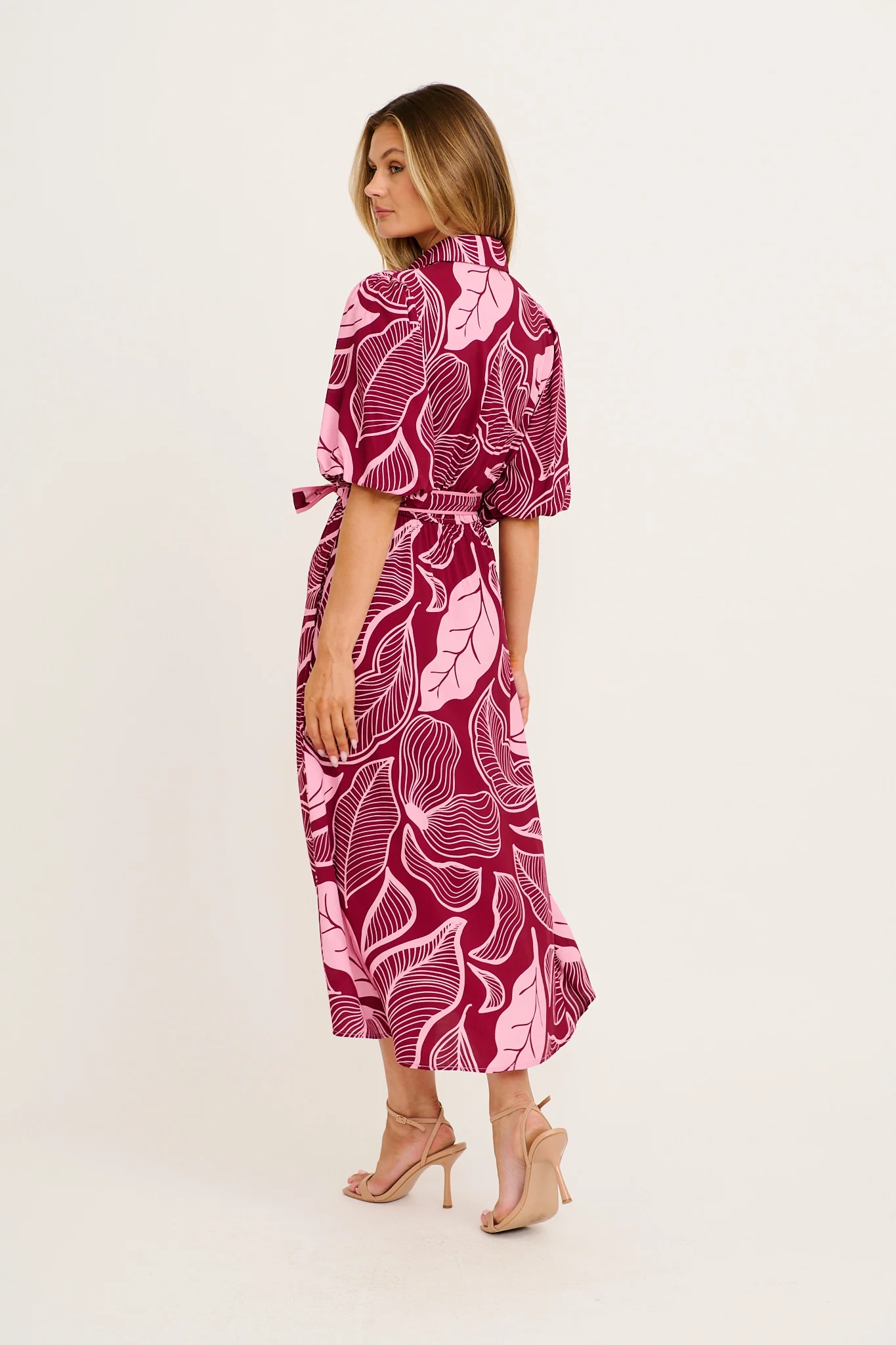 Reanna Midi Shirt Dress in Plum with Pink Leaf Print - Image 4