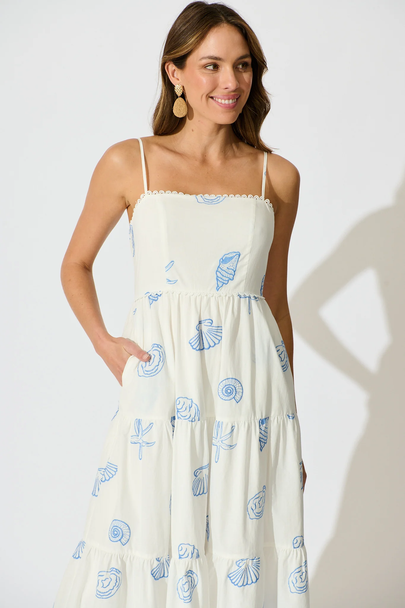 Reef Midi Dress in White with Blue Seashell Embroidery Cotton - Image 2
