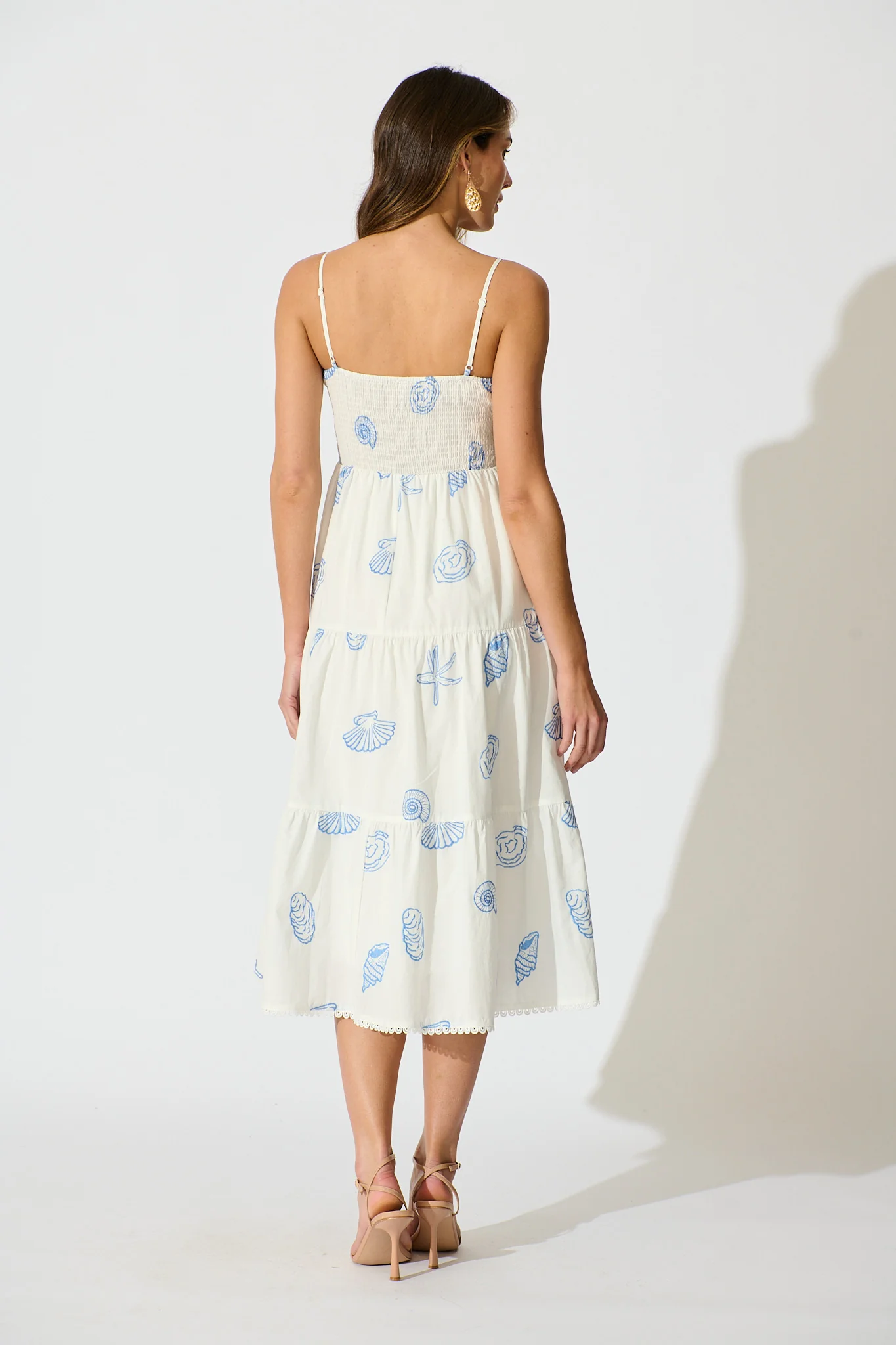 Reef Midi Dress in White with Blue Seashell Embroidery Cotton - Image 4