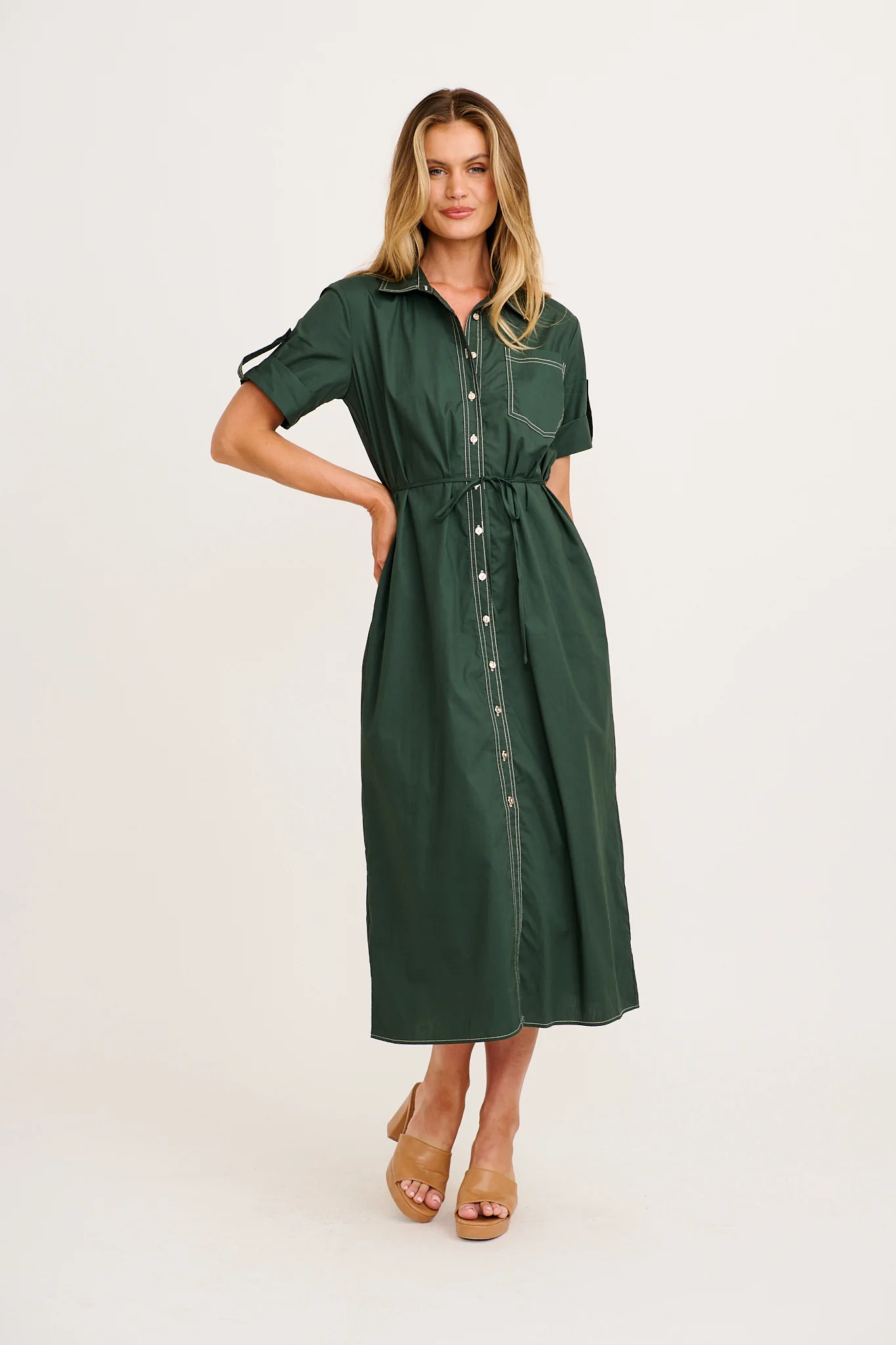 Refined Edge Midi Shirt Dress in Emerald Cotton