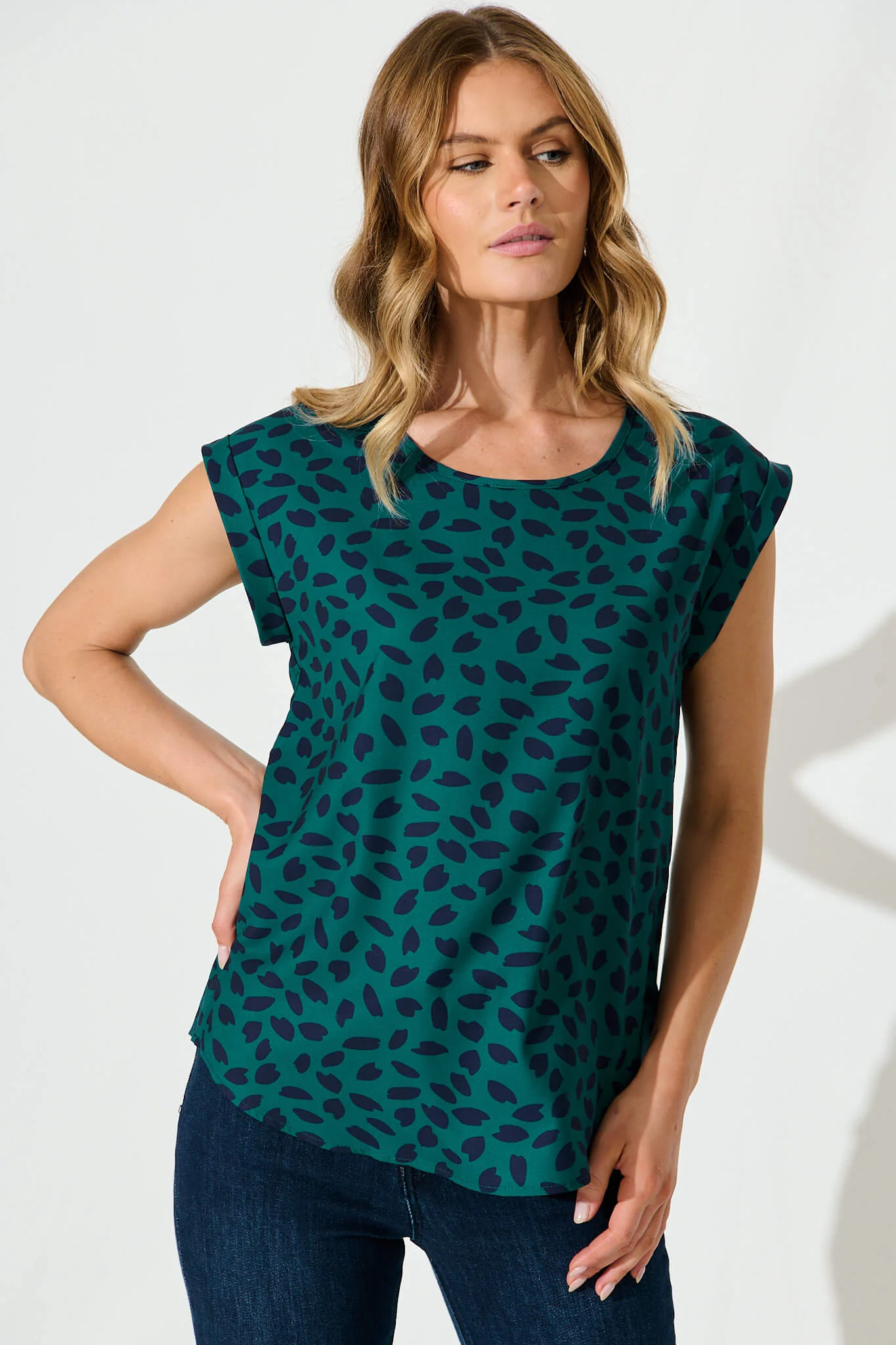 Rejina Top In Teal With Navy Leaf
