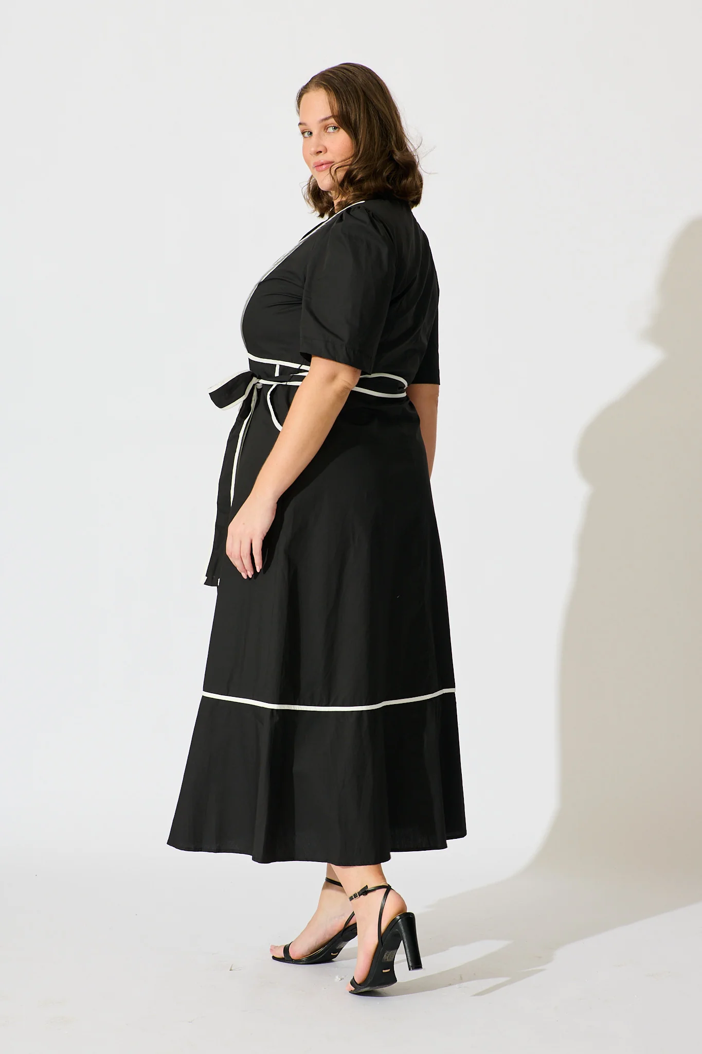 Rhea Maxi Shirt Dress in Black with Contrast Piping Cotton - Image 8