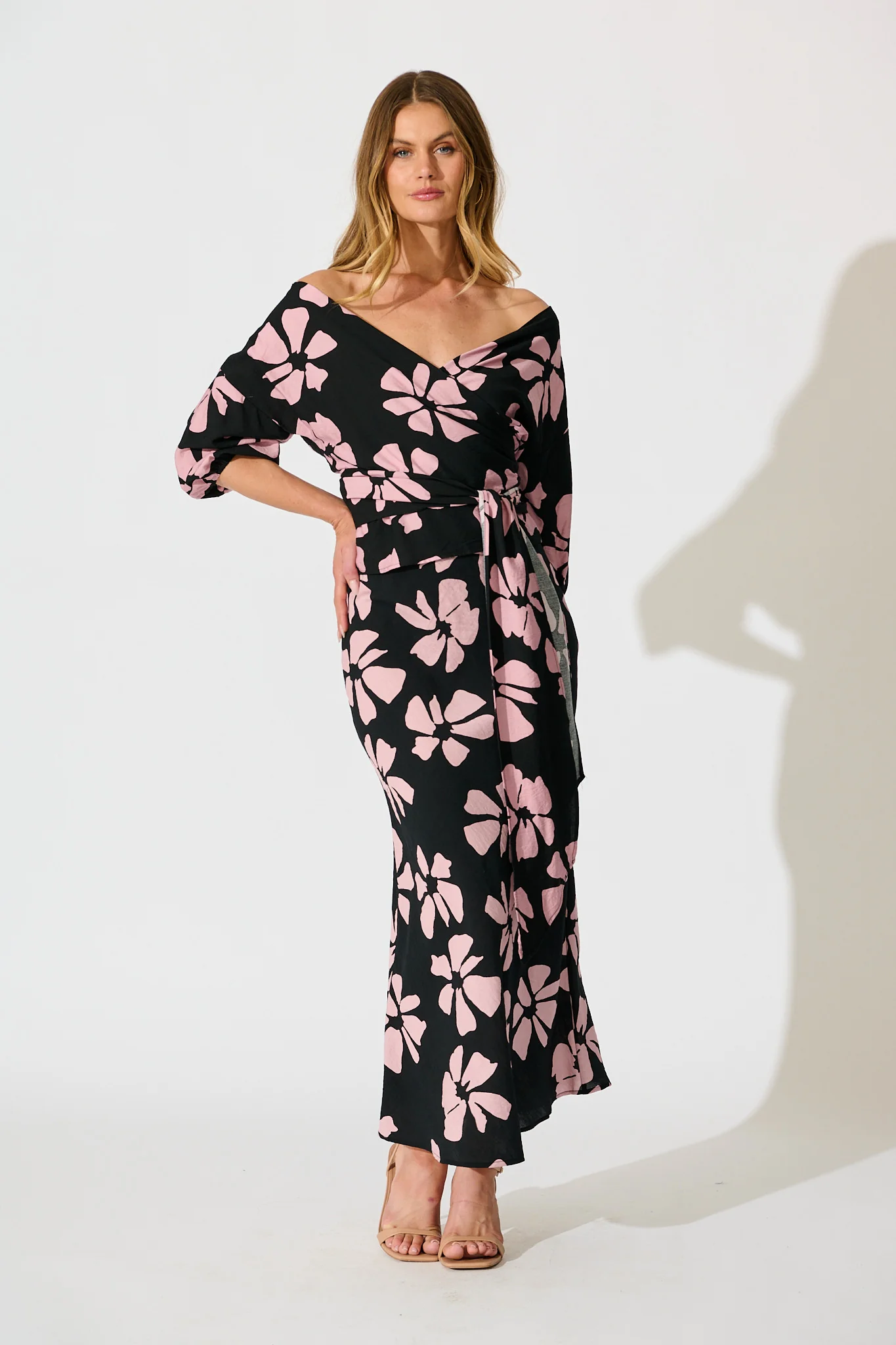 Rhylee Wrap Top in Black with Pink Flower Print - Image 5