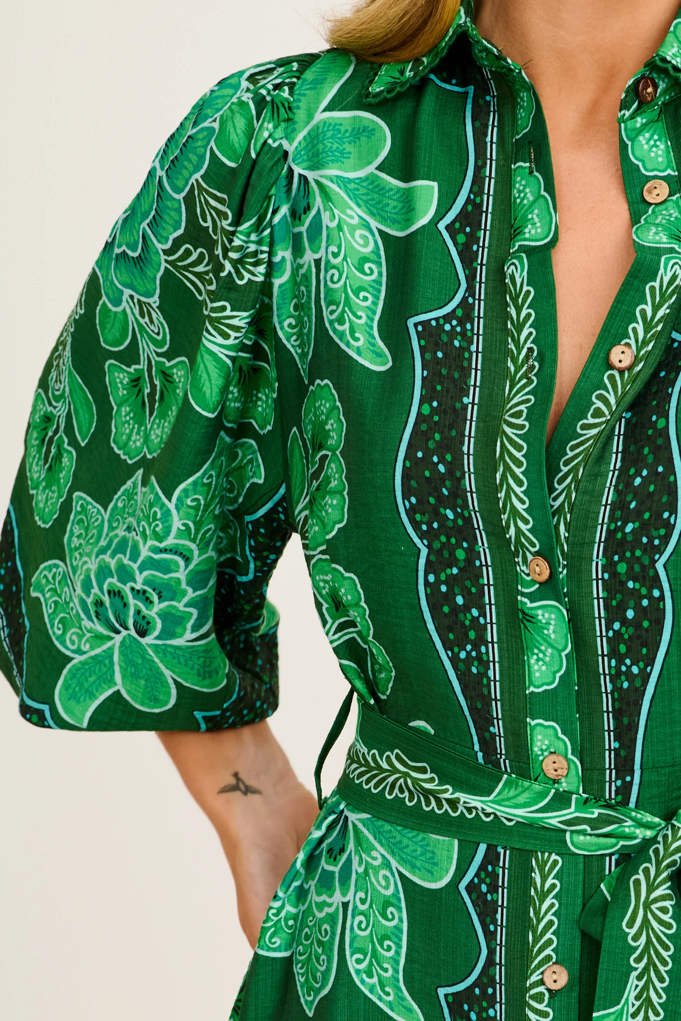 Risa Shirt Dress Emerald Floral Print Linen Blend - Image 5