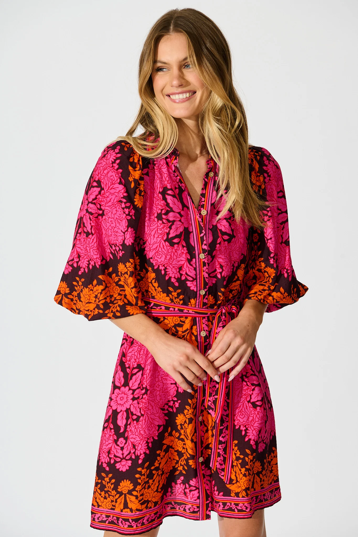 Risa Shirt Dress In Pink And Orange Floral Linen Blend - Image 2