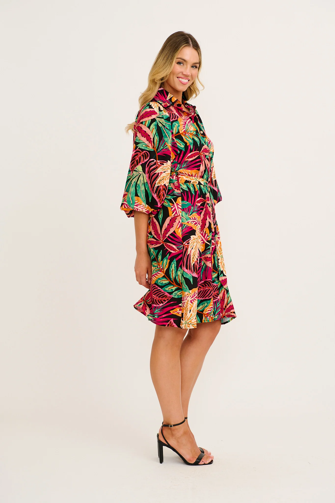 Risa Shirt Dress in Purple Multi Leaf Print - Image 3