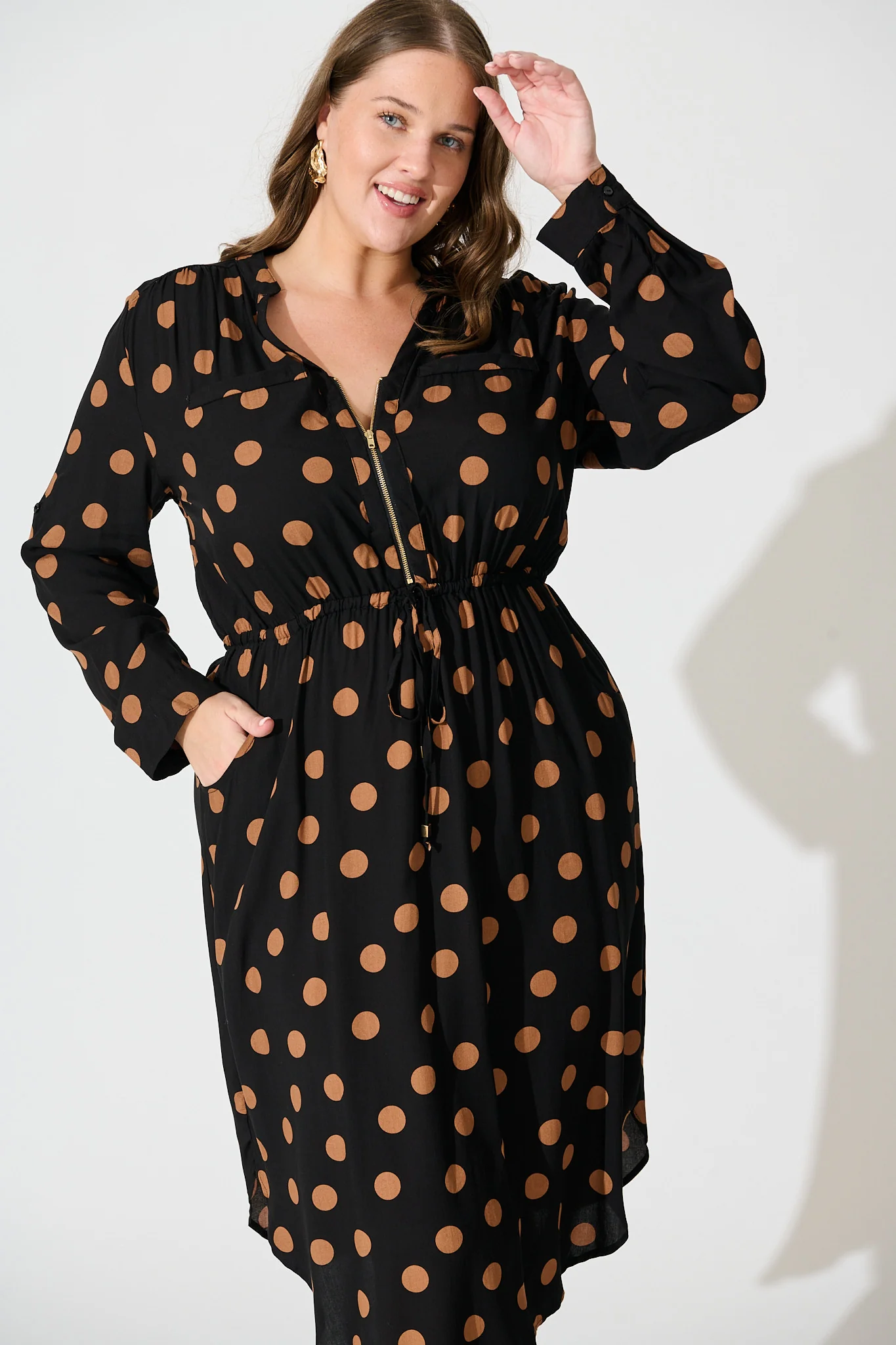 Rival Zip Dress in Black with Brown Spot - Image 8