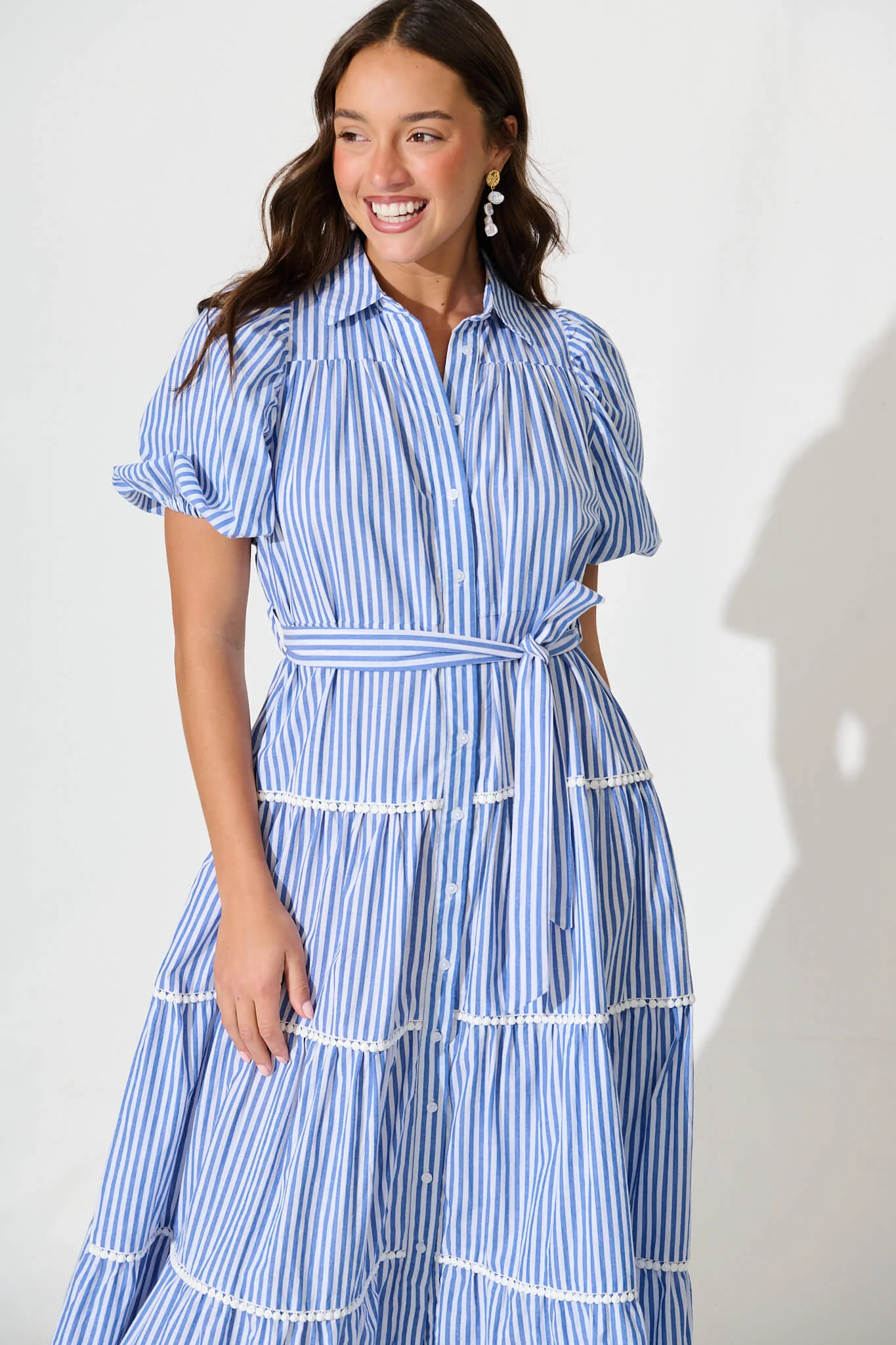 Riverina Midi Shirt Dress in Blue with White Stripe Cotton - Image 2