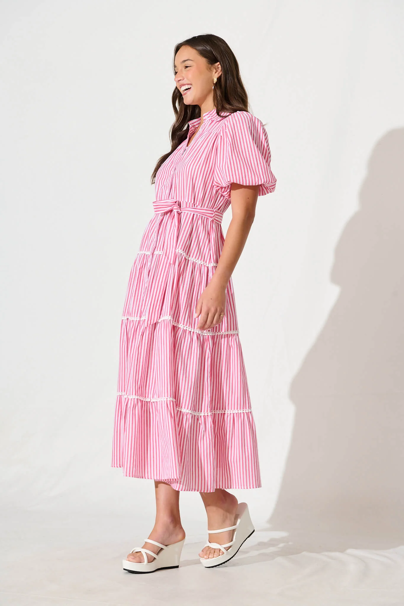 Riverina Midi Shirt Dress in Pink with White Stripe Cotton - Image 3