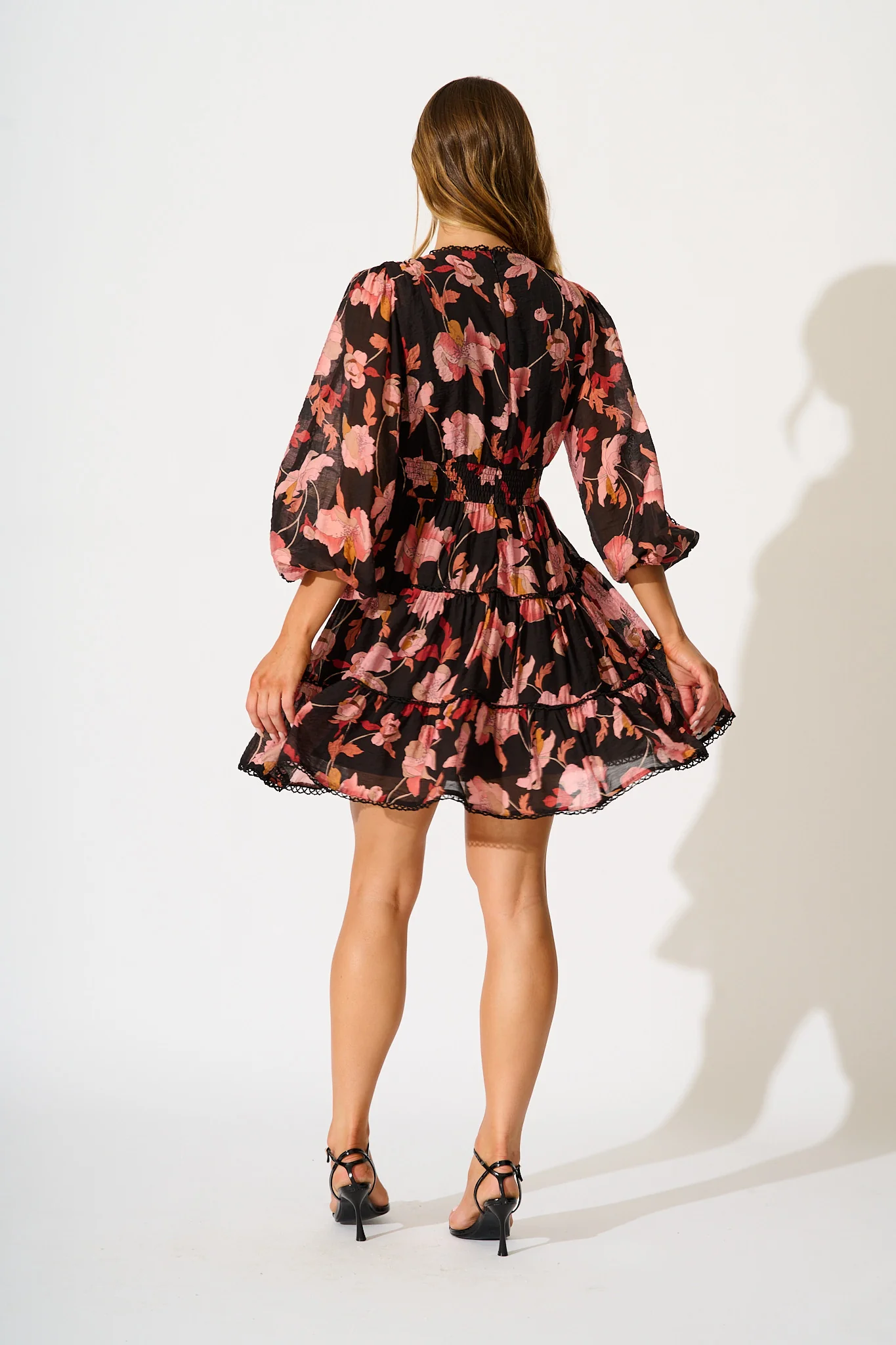 Riverstone Dress in Black Floral with Black Lace Trim - Image 4
