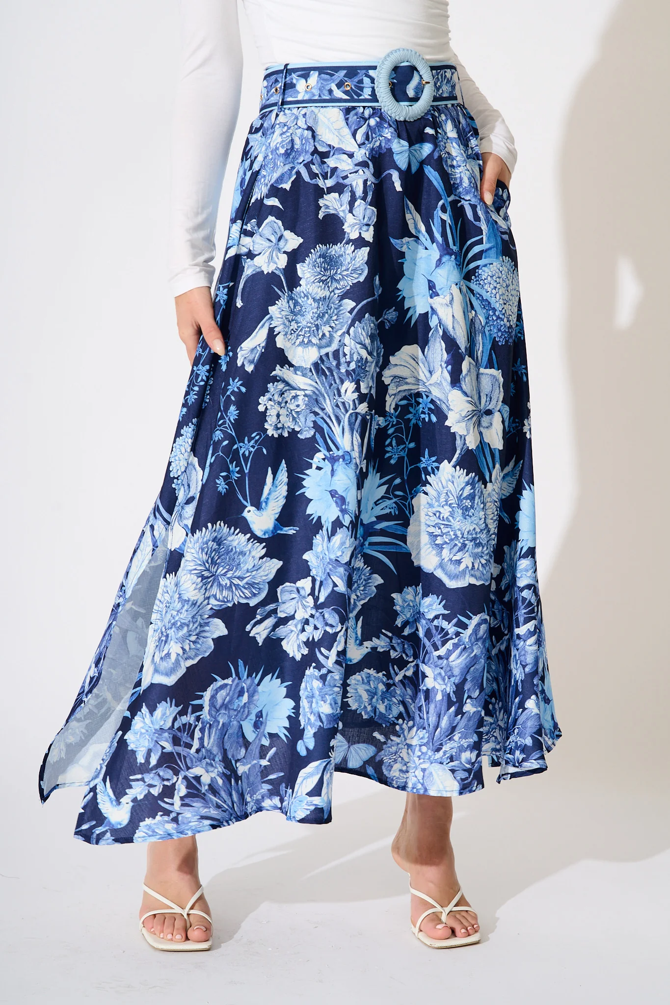 Riviera Maxi Skirt in Navy with Blue Floral Linen Blend - Image 2