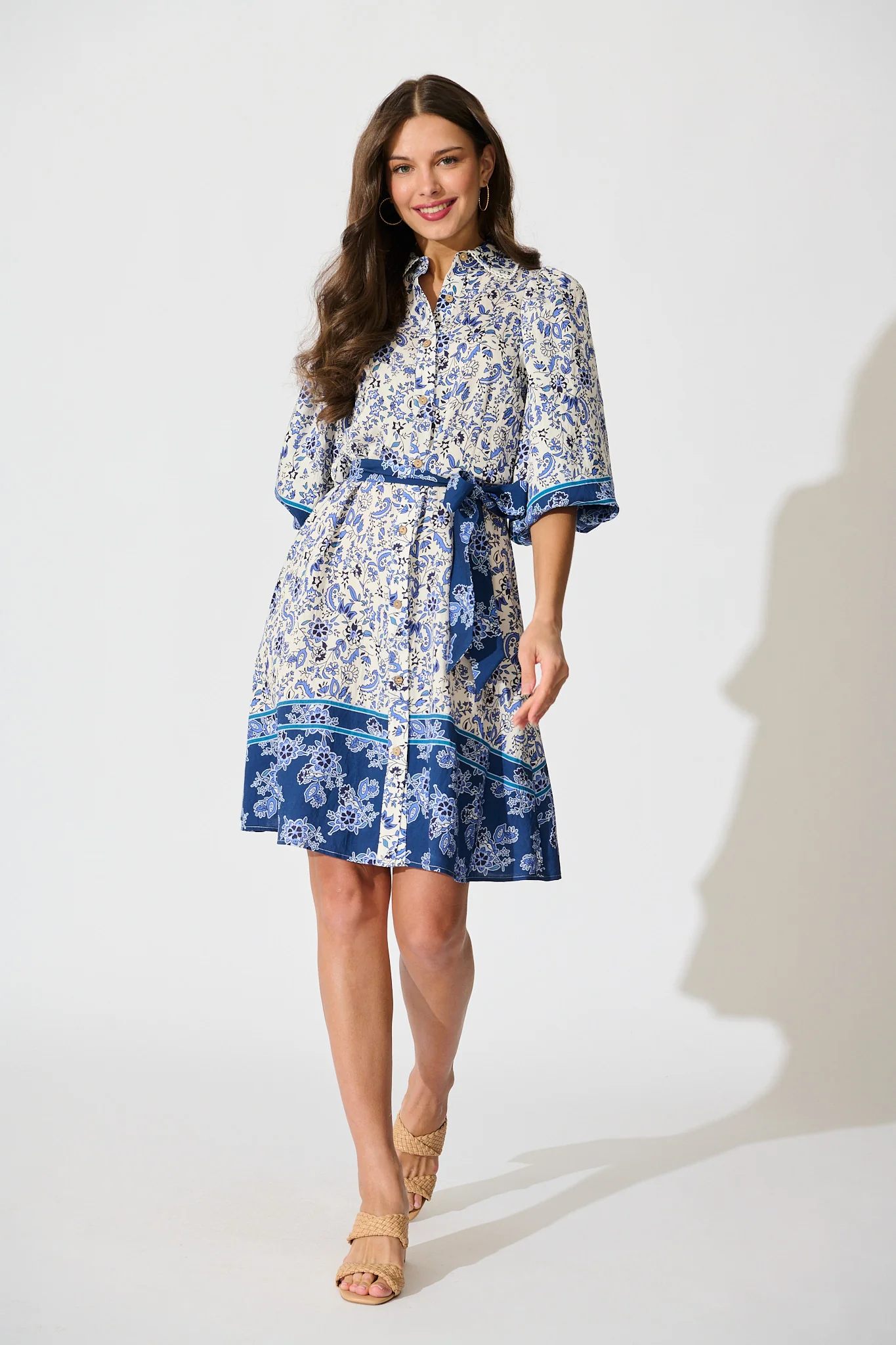 Robilyn Shirt Dress in Cream with Blue Boho Floral Linen Blend