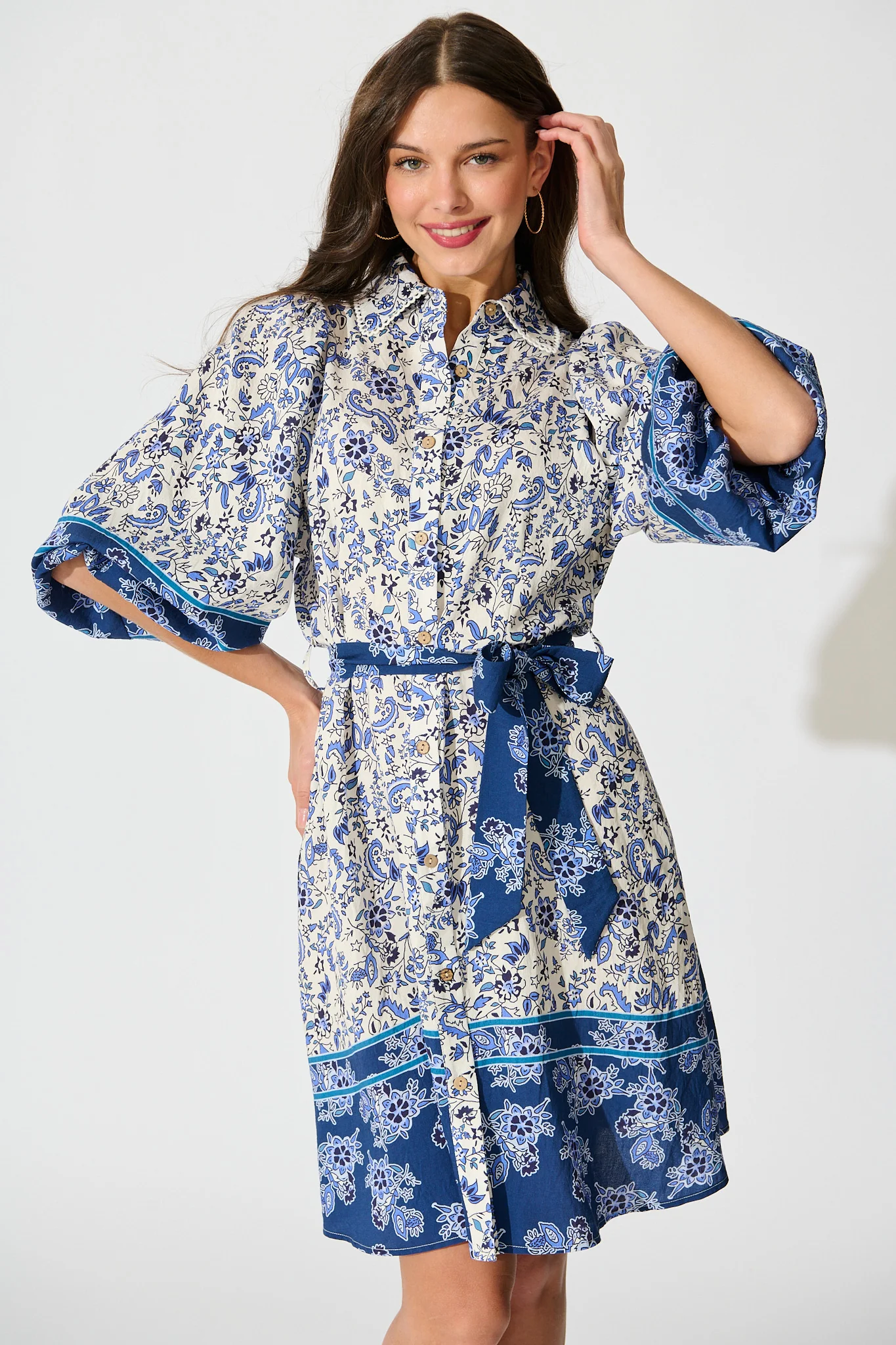 Robilyn Shirt Dress in Cream with Blue Boho Floral Linen Blend - Image 2