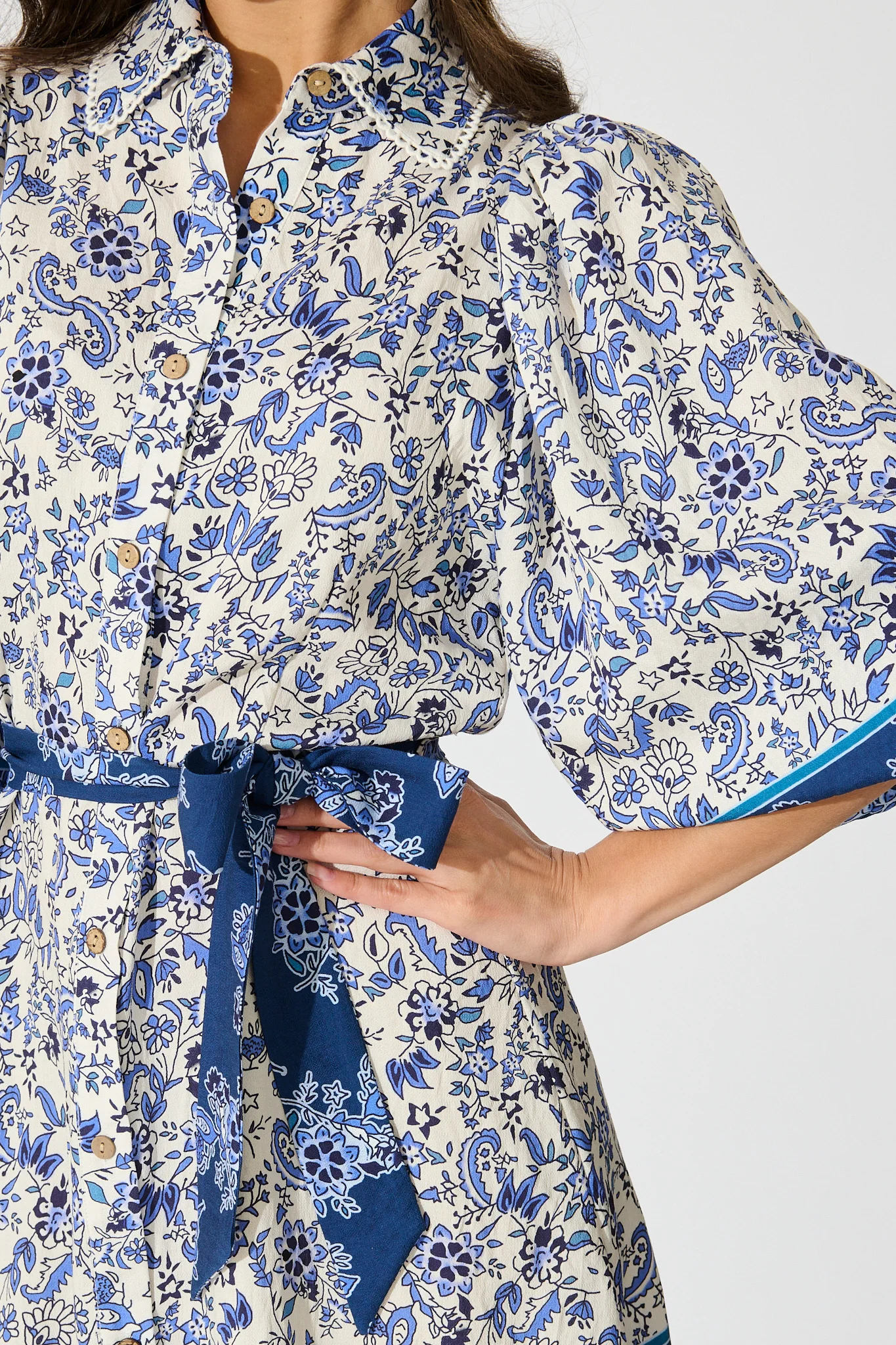 Robilyn Shirt Dress in Cream with Blue Boho Floral Linen Blend - Image 5