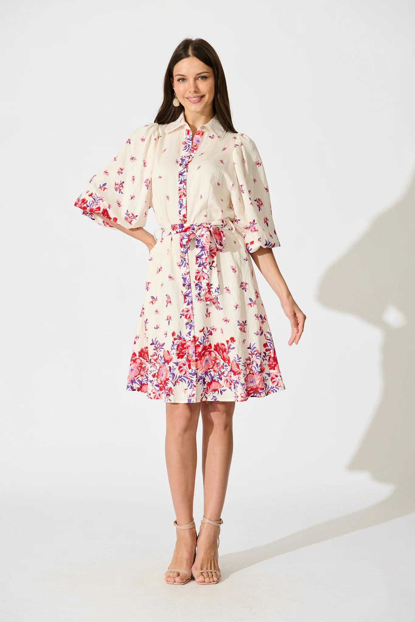 Robilyn Shirt Dress in White with Red and Purple Linen Blend