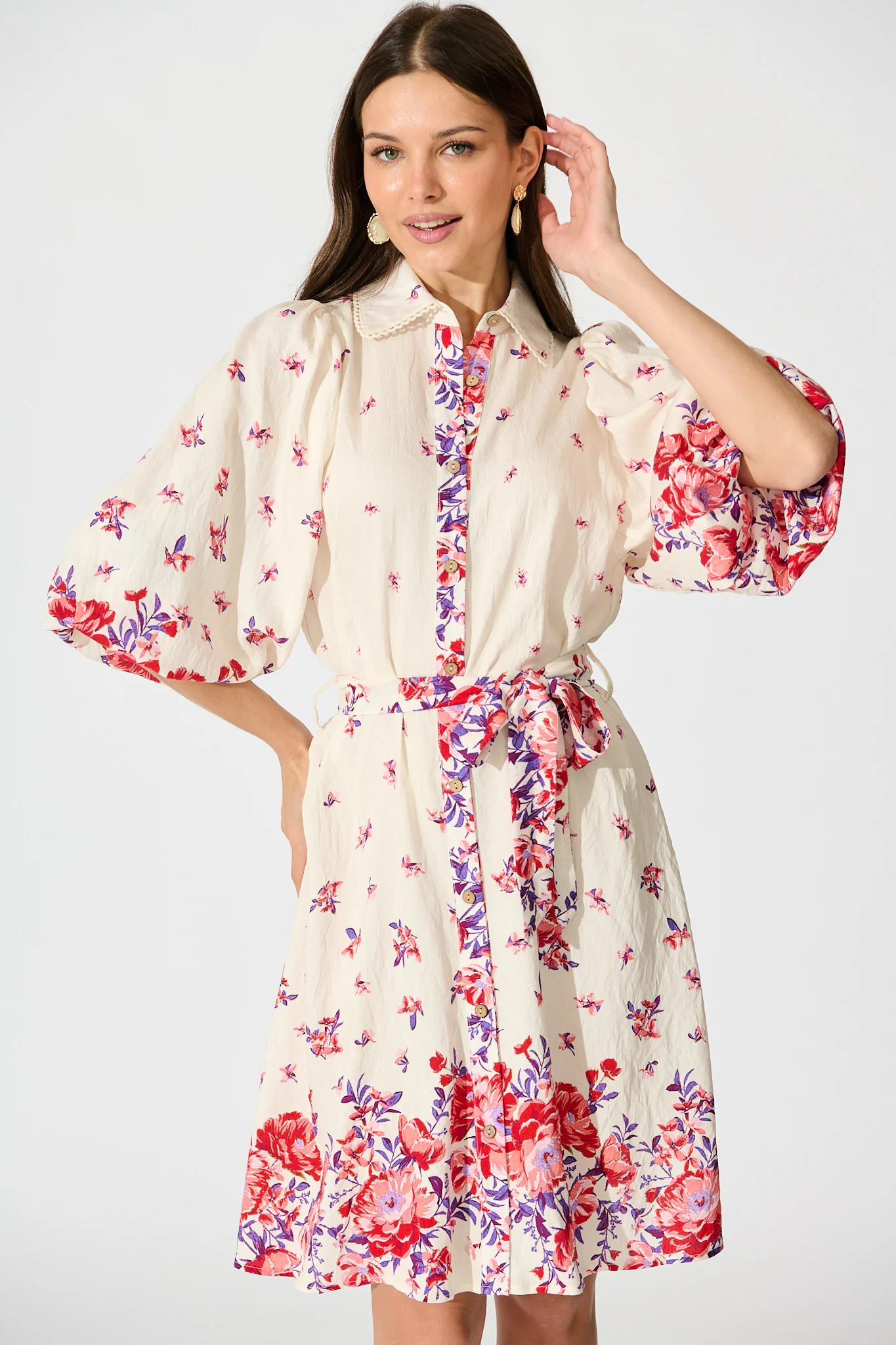 Robilyn Shirt Dress in White with Red and Purple Linen Blend - Image 2