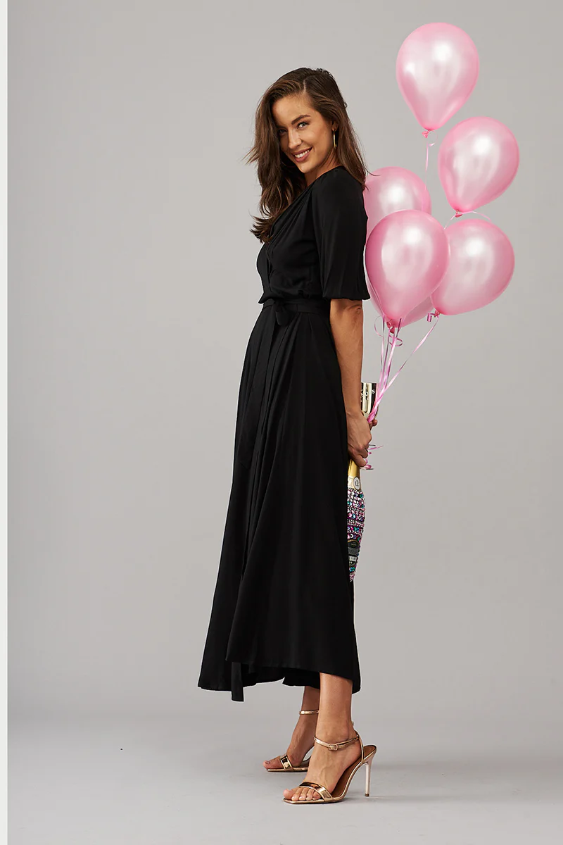 Ronda Maxi Wrap Dress In Black - Image 7