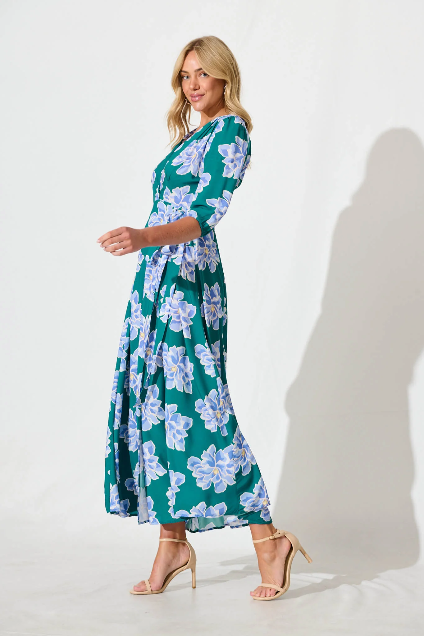Ronda Maxi Wrap Dress In Emerald With Blue Floral - Image 3