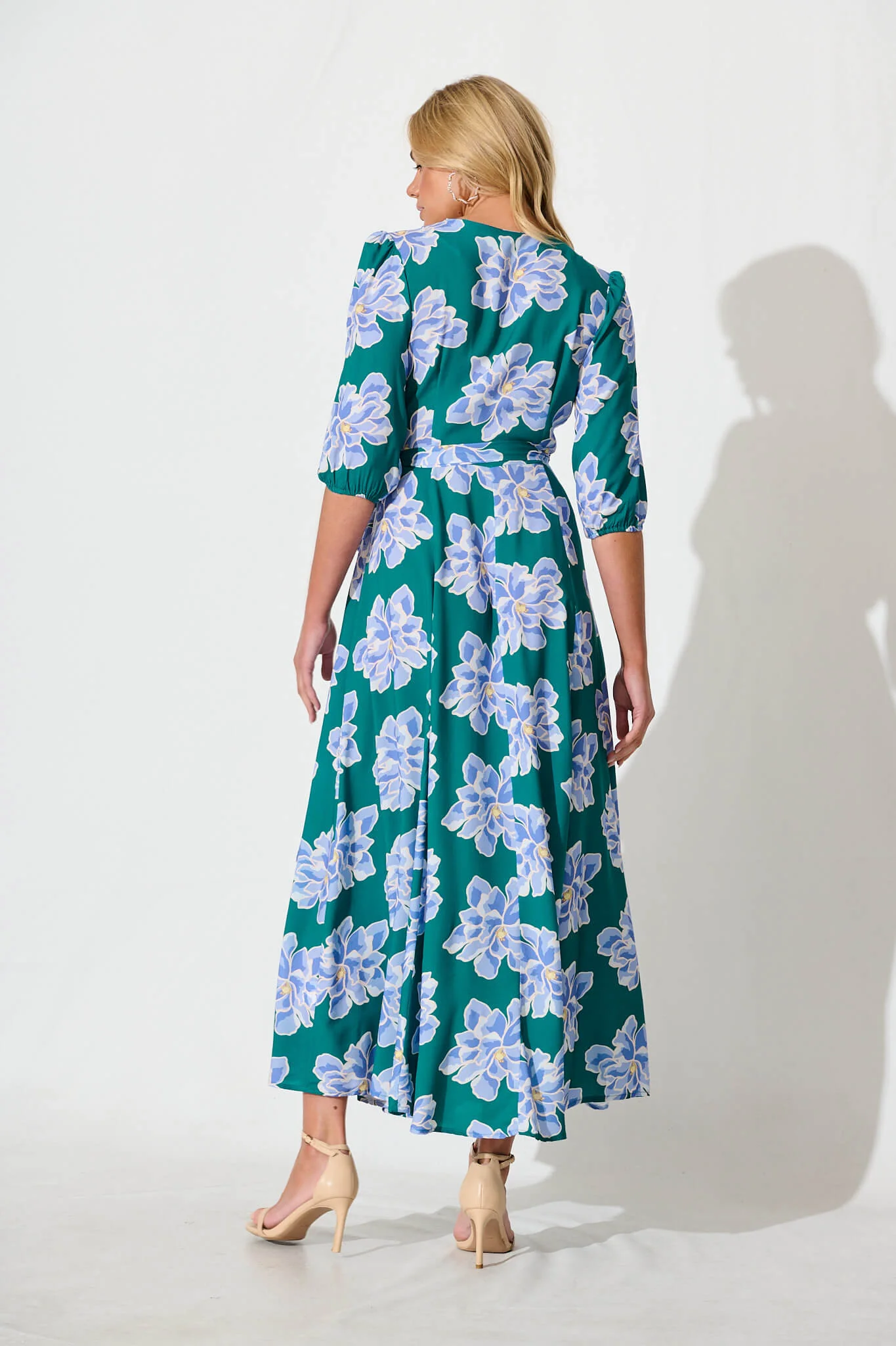 Ronda Maxi Wrap Dress In Emerald With Blue Floral - Image 4