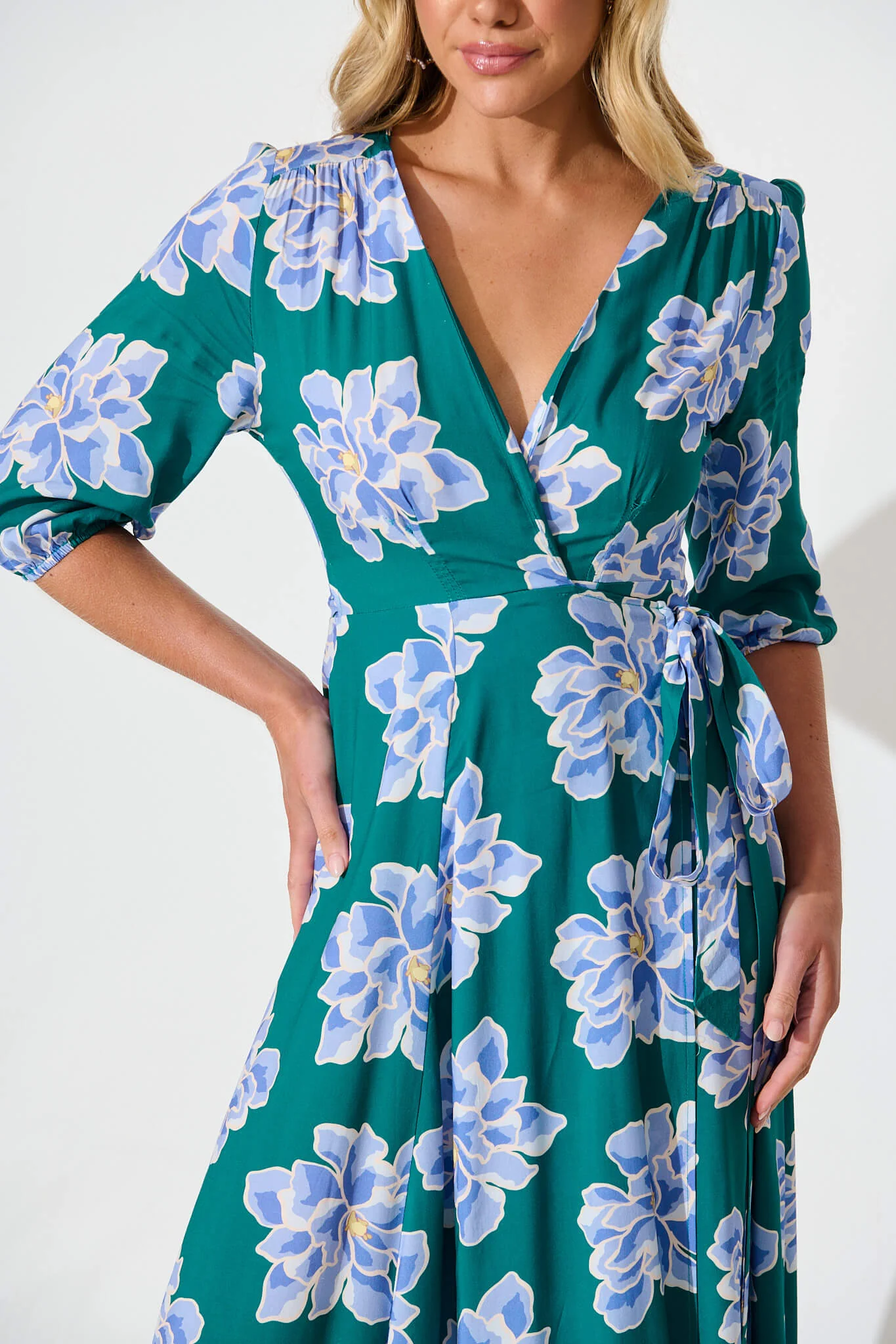 Ronda Maxi Wrap Dress In Emerald With Blue Floral - Image 5