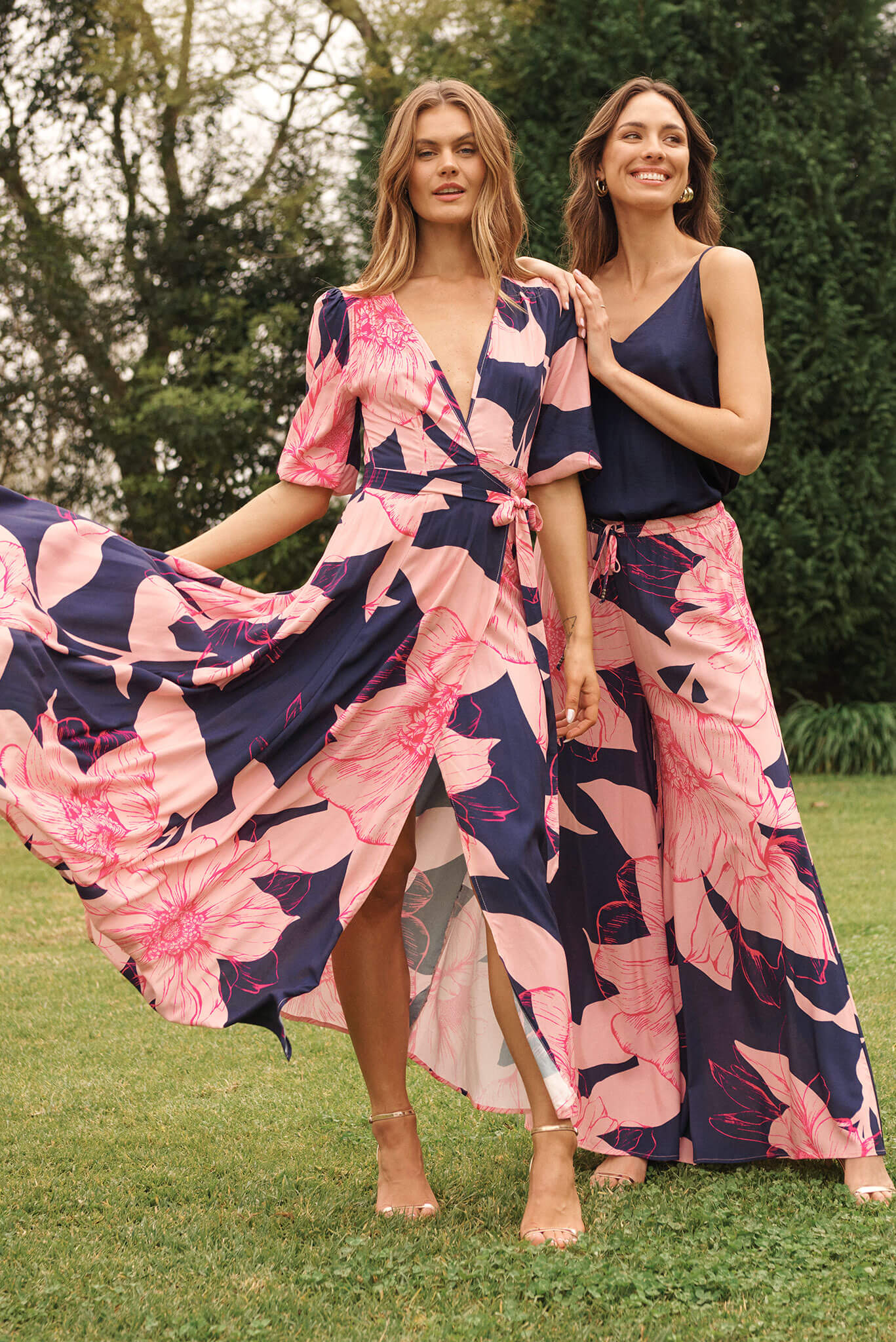 Ronda Maxi Wrap Dress In Navy With Blush Flower Print - Image 4