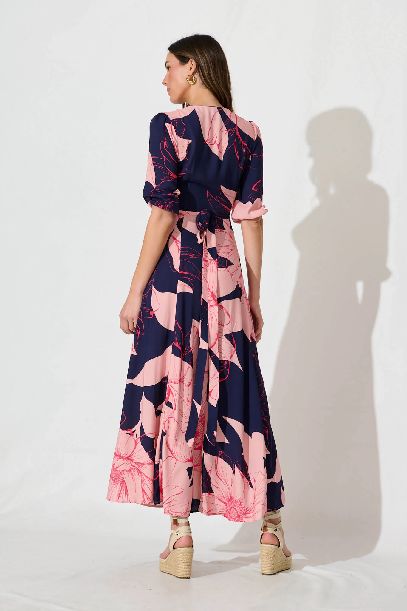 Ronda Maxi Wrap Dress In Navy With Blush Flower Print - Image 8